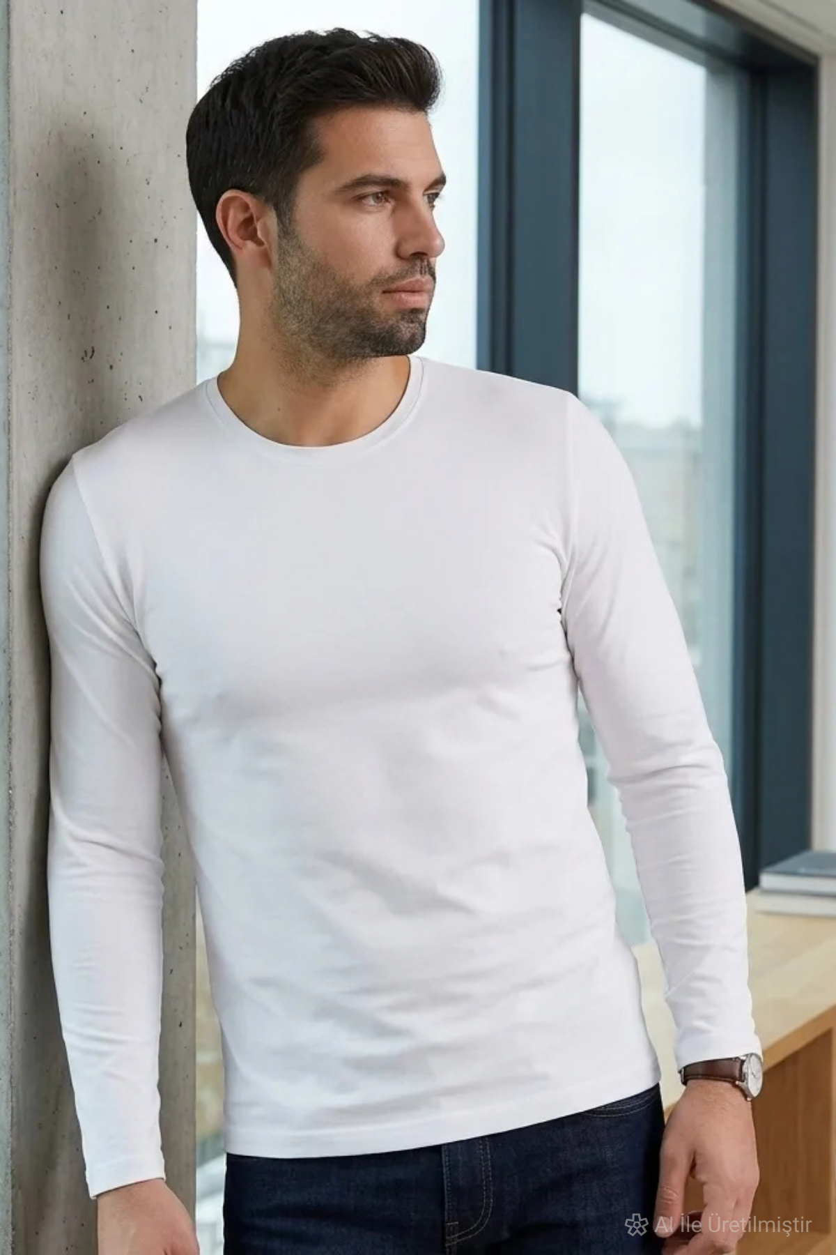 Likralı Uzun Kol Erkek T-Shirt Beyaz
