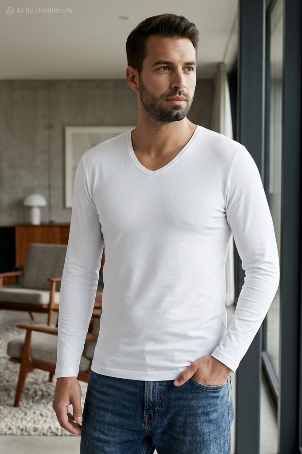 Likralı V Yaka Uzun Kol Erkek T-Shirt Beyaz