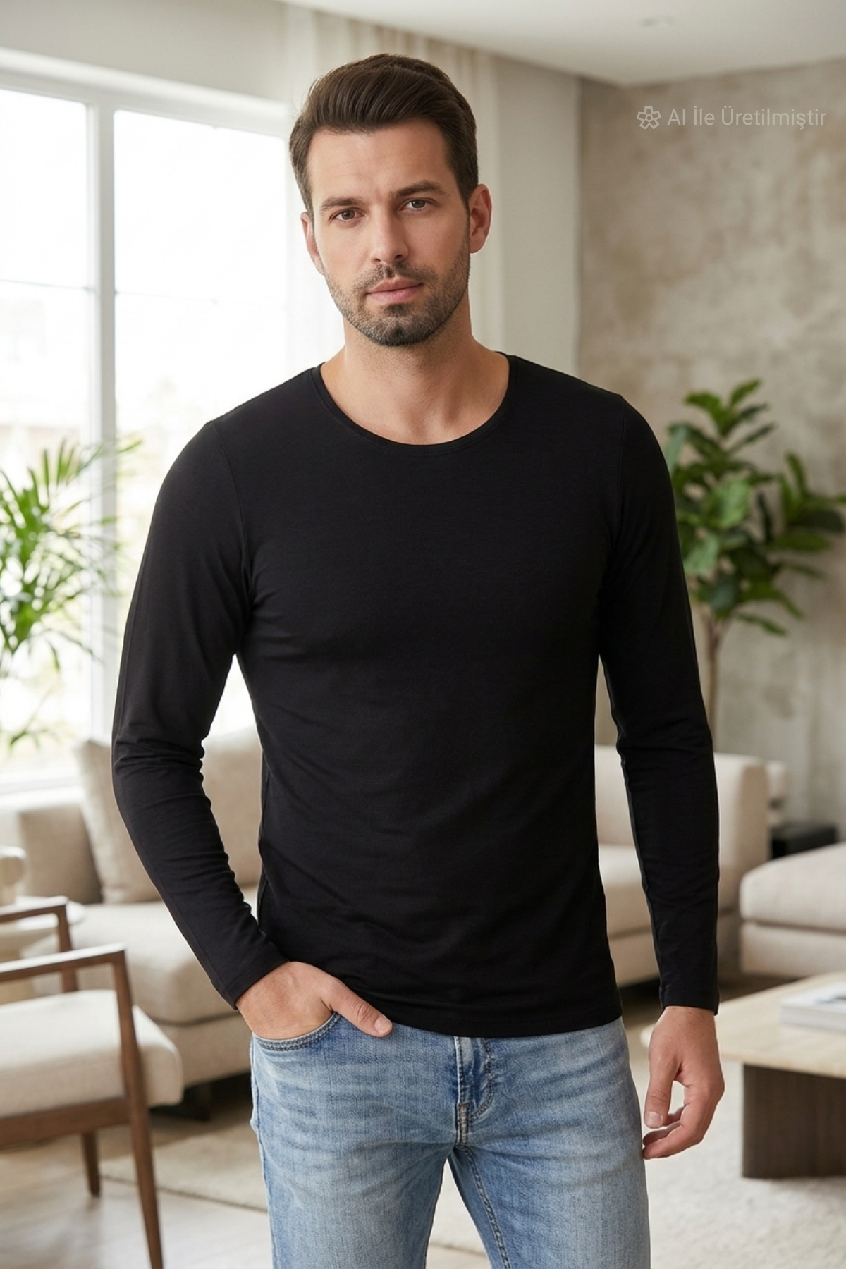 Modal Bisiklet Yaka Uzun Kol Erkek T-Shirt Siyah