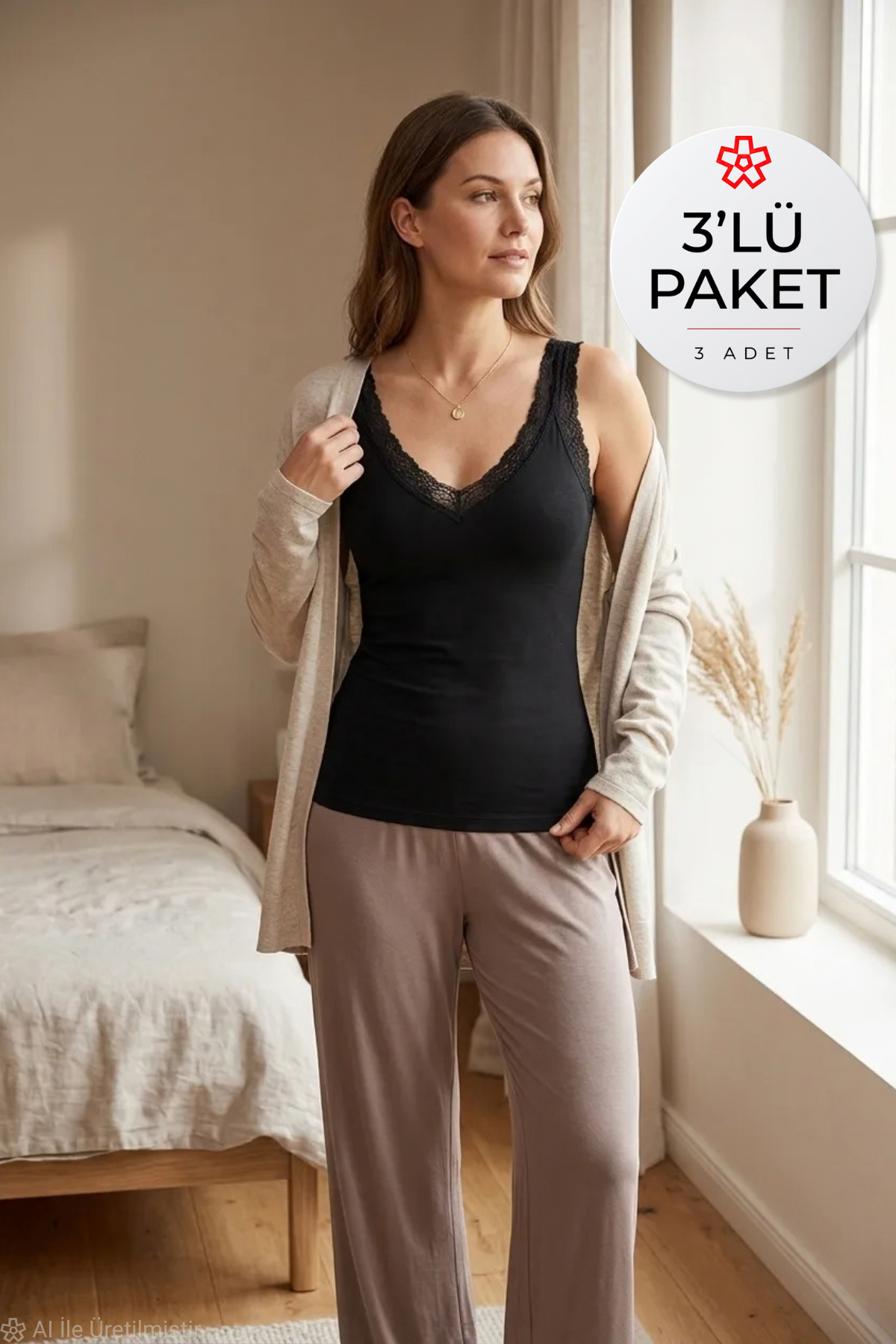 Modal Dantelli V Yaka Kadın Atlet Siyah 3'lü Paket