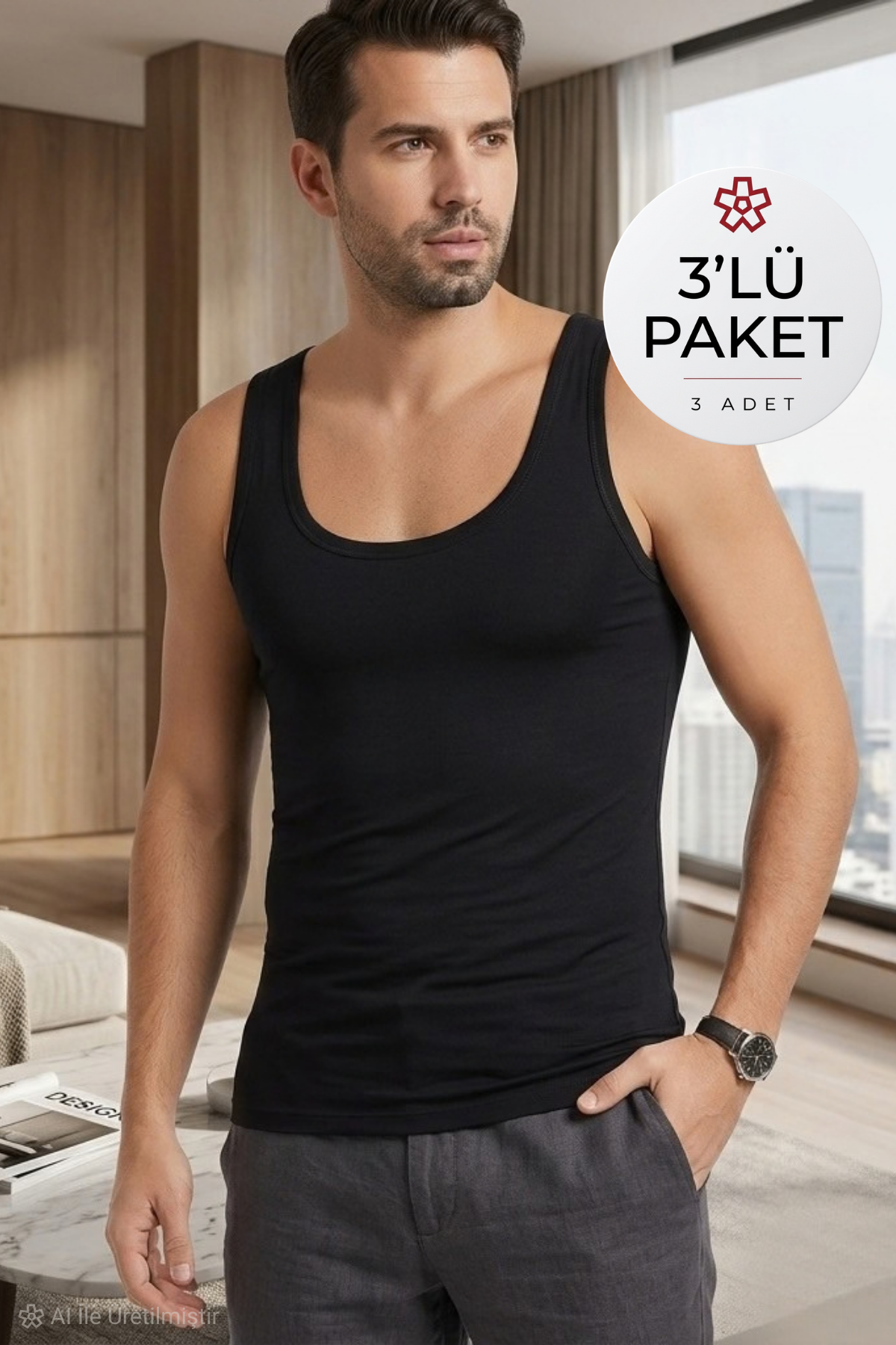 Modal Derin Yaka Erkek Atlet Siyah 3'lü Paket
