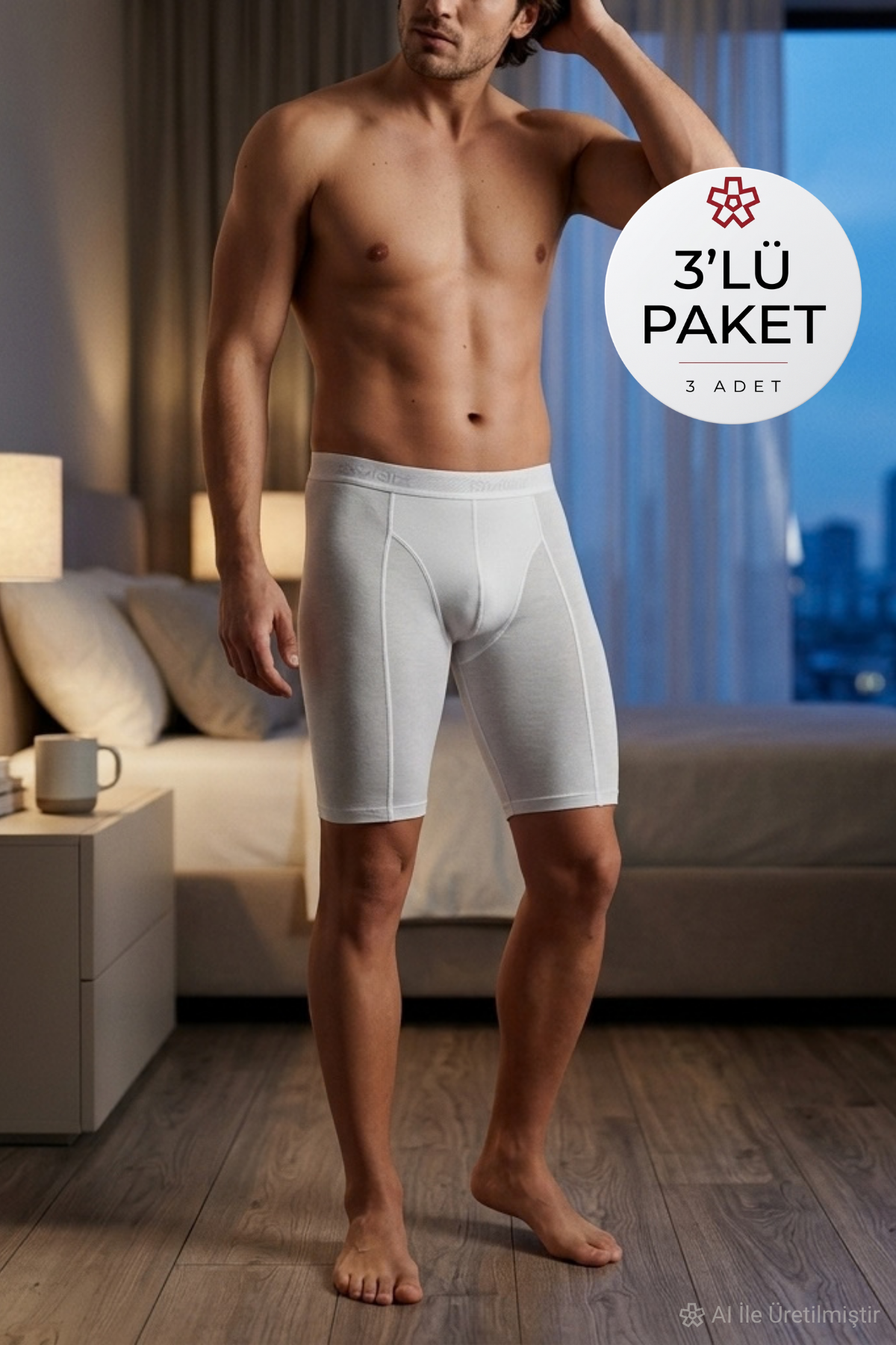 Modal Uzun Erkek Boxer Beyaz 3'lü Paket