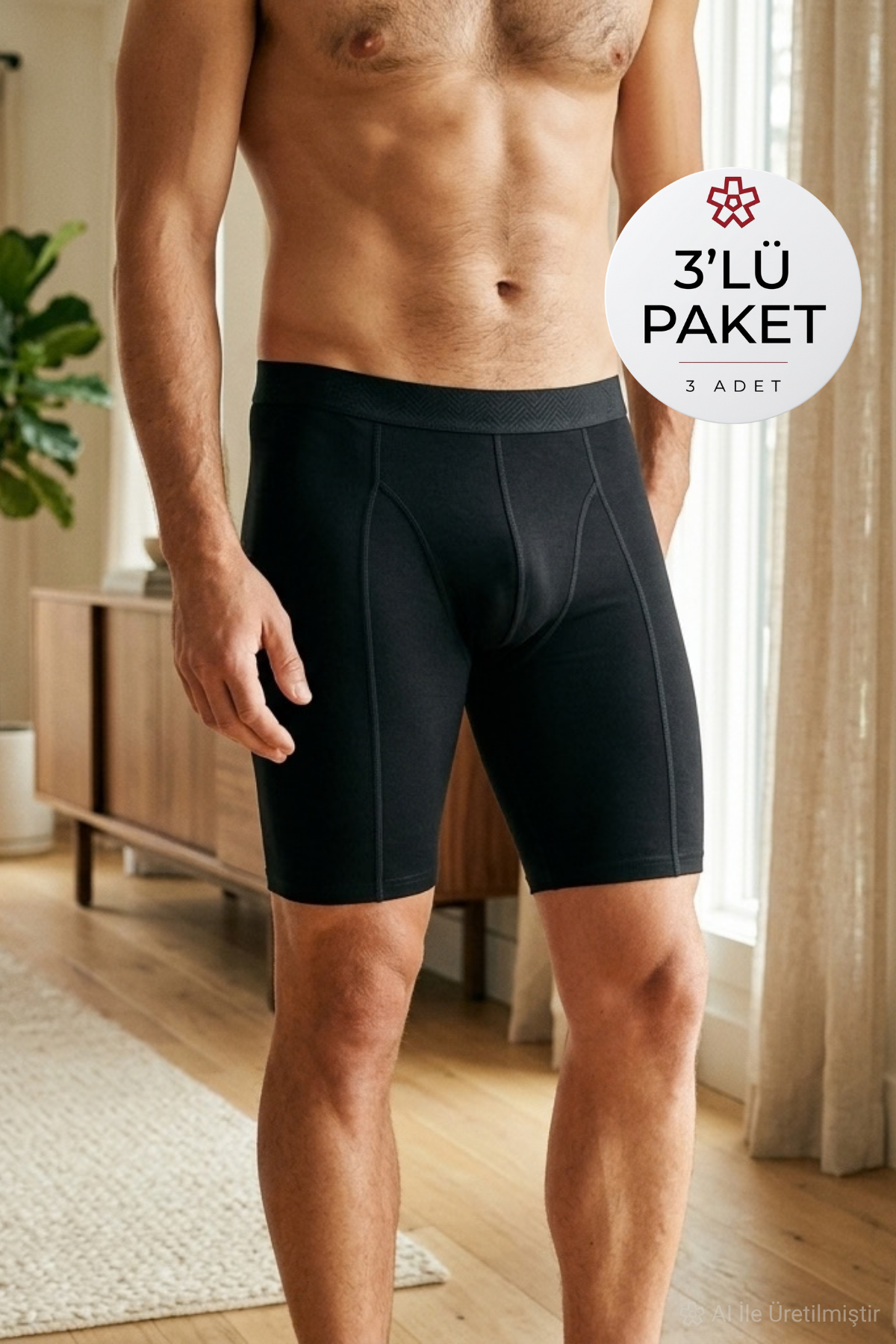 Modal Uzun Erkek Boxer Siyah 3'lü Paket