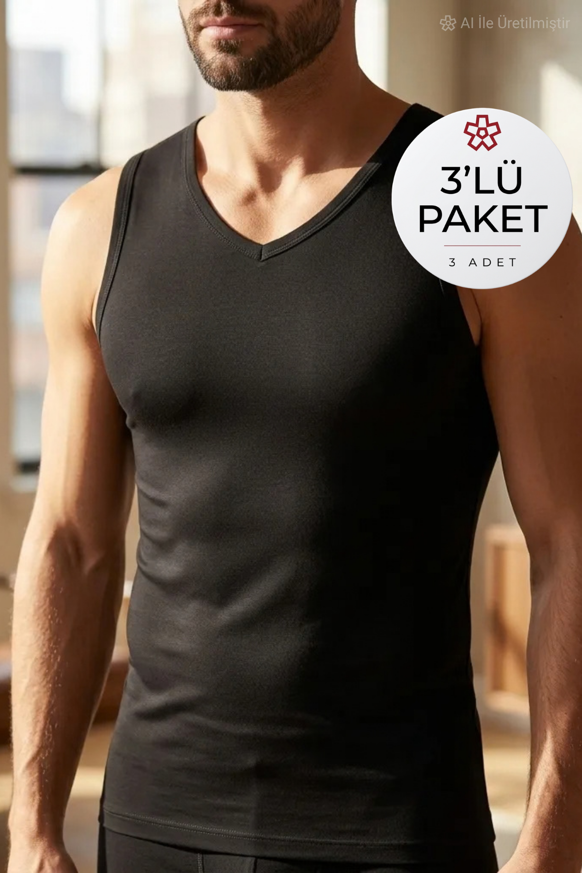 Modal V Yaka Sıfır Kol Erkek Atlet Siyah 3'lü Paket