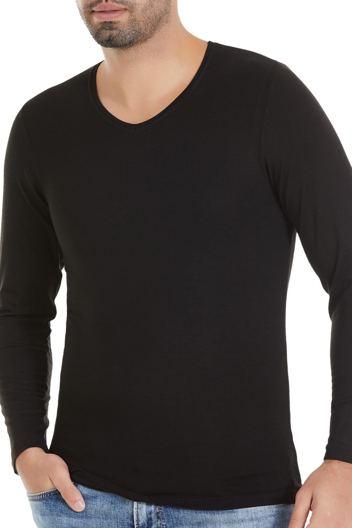 Modal V Yaka Uzun Kol Erkek T-Shirt Siyah