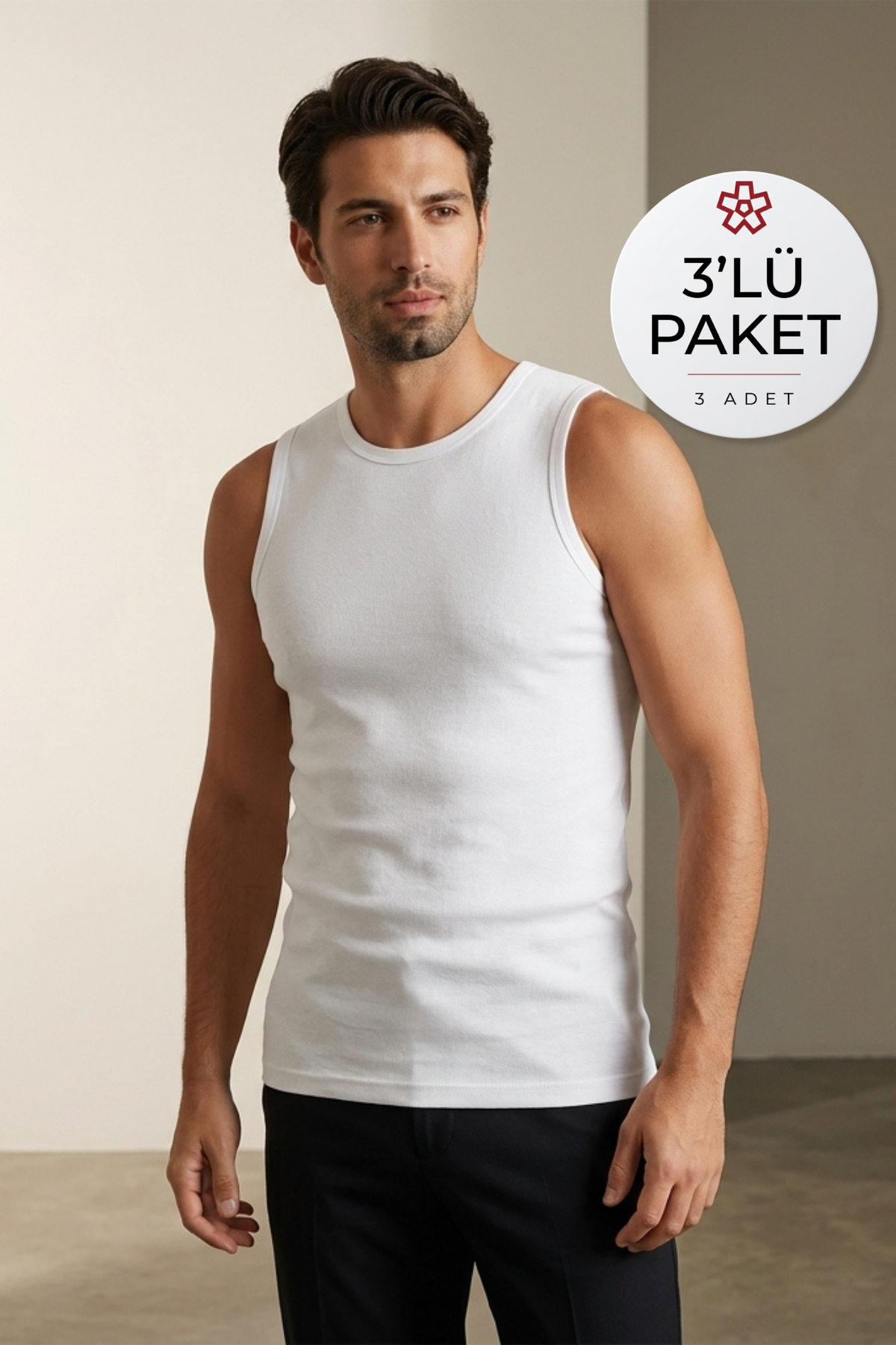 Ribana Sıfır Kol Erkek Atlet Beyaz %100 Pamuk 3'lü Paket
