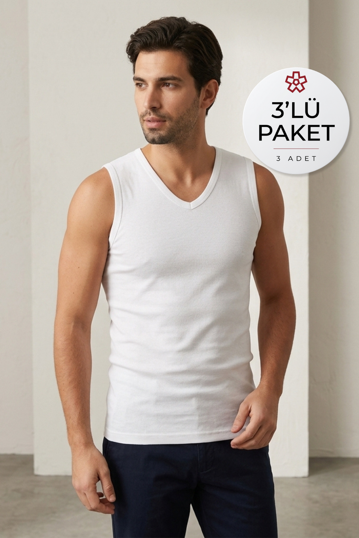Ribana V Yaka Sıfır Kol Erkek Atlet Beyaz %100 Pamuk 3'lü Paket