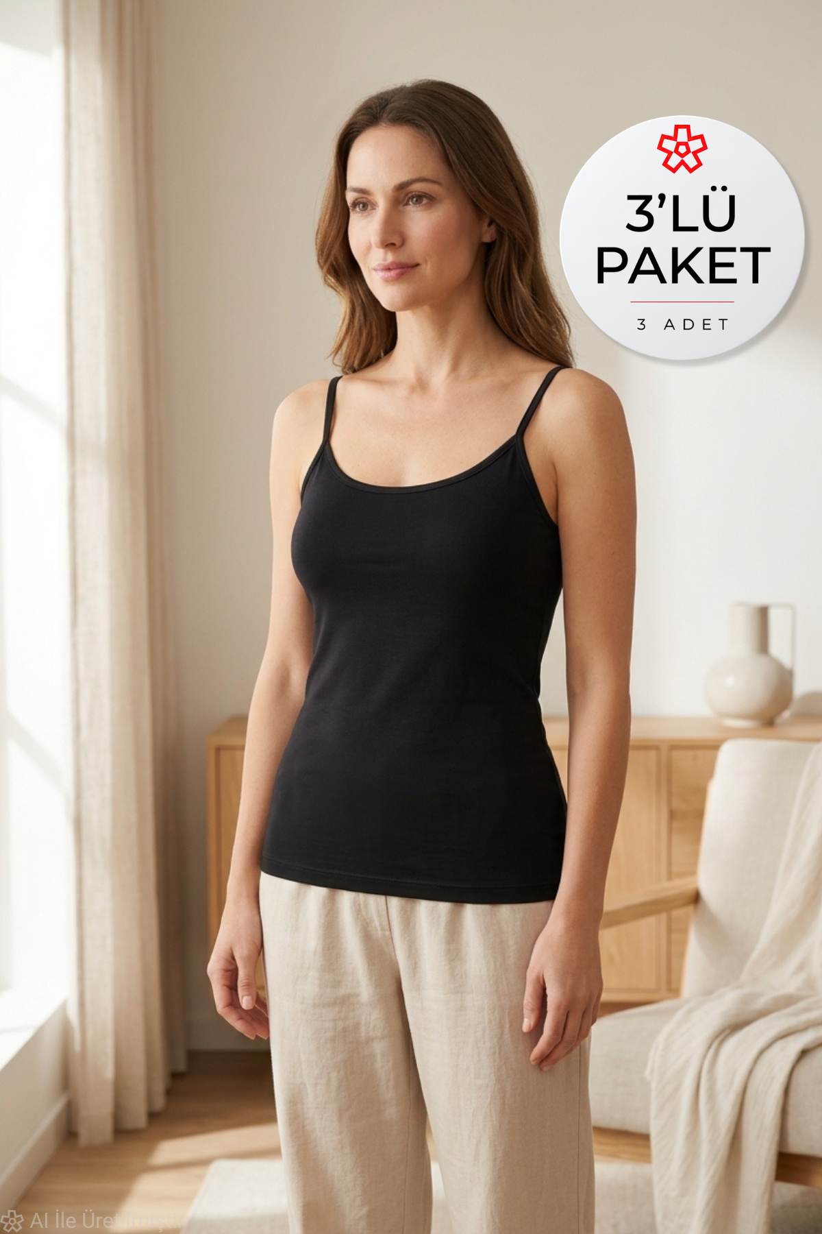 Süper İnce İp Askılı Kadın Atlet Siyah 3'lü Paket