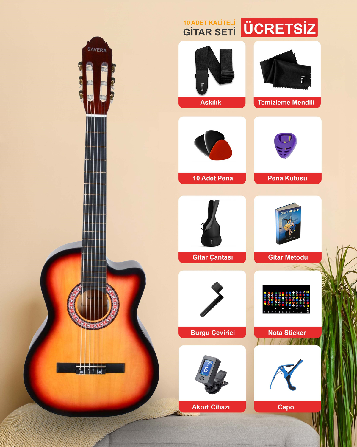 Gün Batımı Klasik Gitar 4/4 Yetişkin Boy Sap Ayarlı Kesik Kasa Full Set (Çanta, Capo, Askı, Pena, Dijital Tuner)