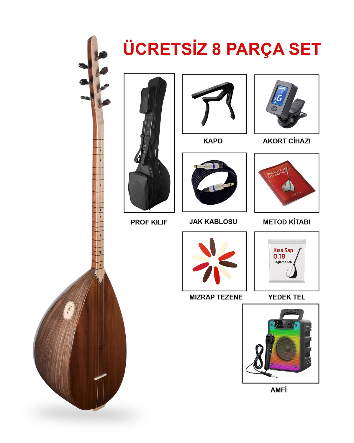 Jak Girişli Ceviz Kısa Sap Yüksek Kaliteli Profesyonel Saz Full Set