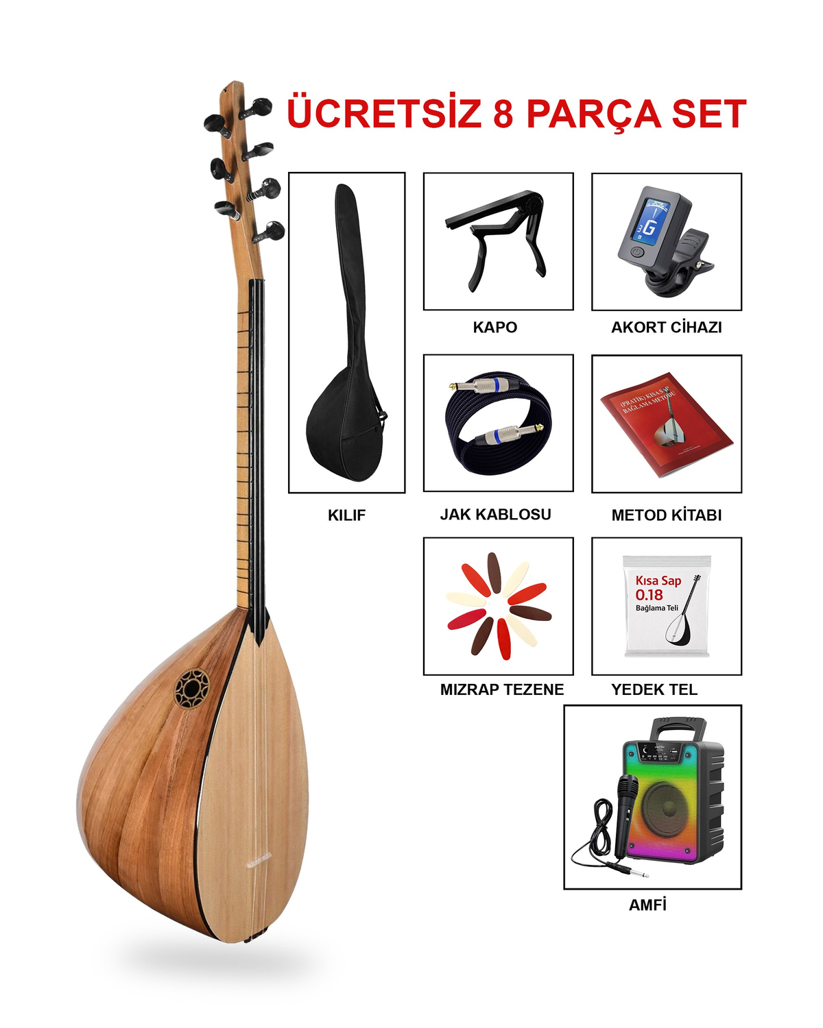 Jak Girişli Kısa Sap Bağlama Full Ağaç Set