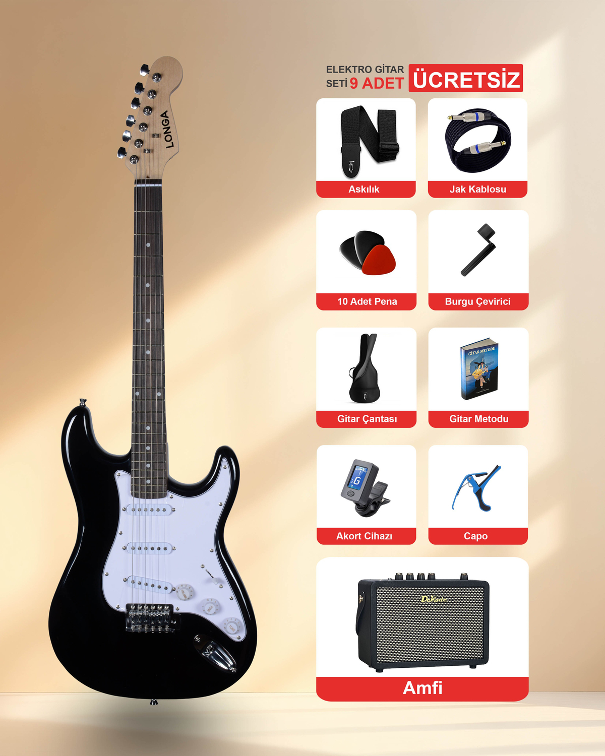 LONGA Gül Klavye Strat Kasa Elektro Gitar Seti 