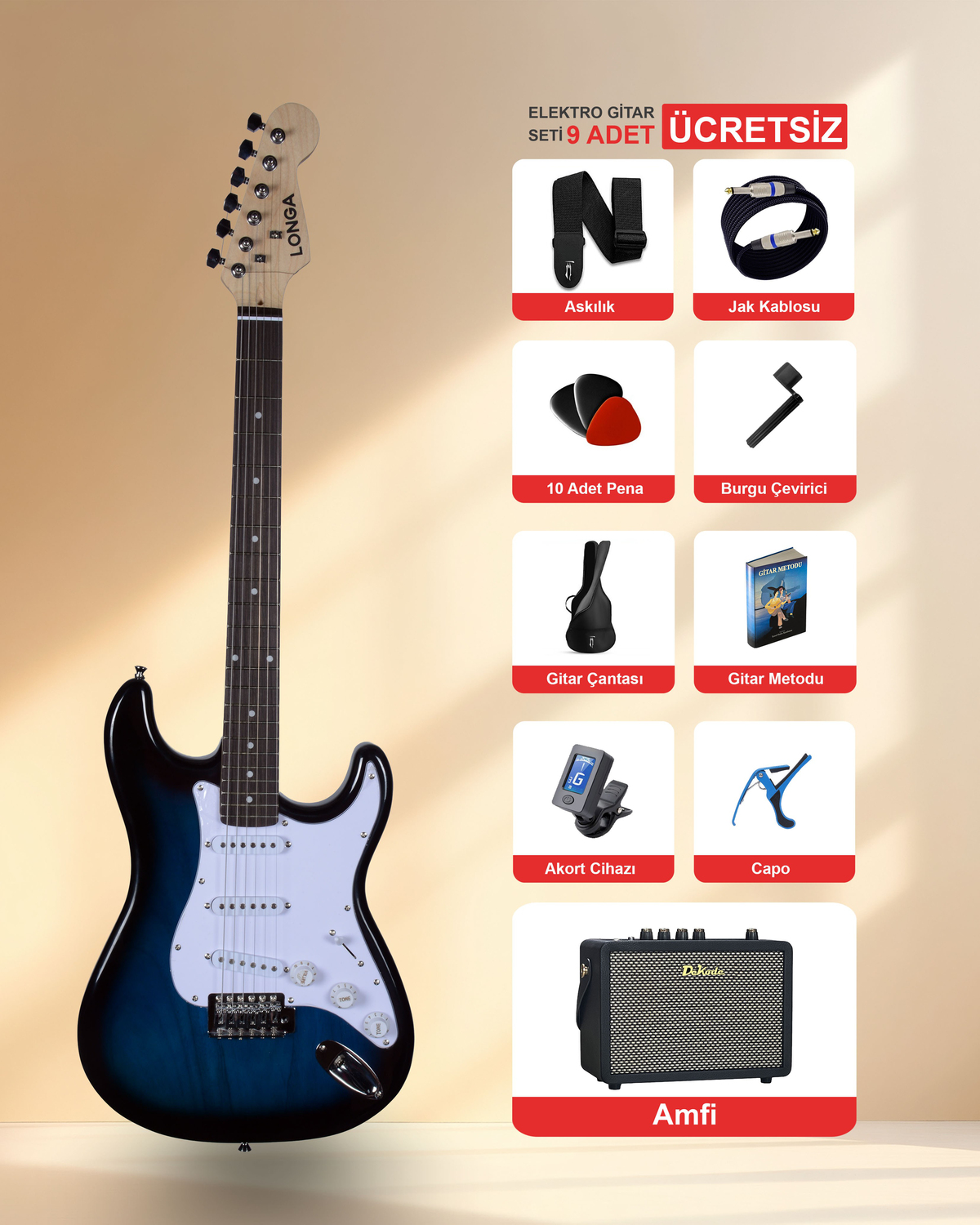 LONGA Gül Klavye Strat Kasa Elektro Gitar Seti 