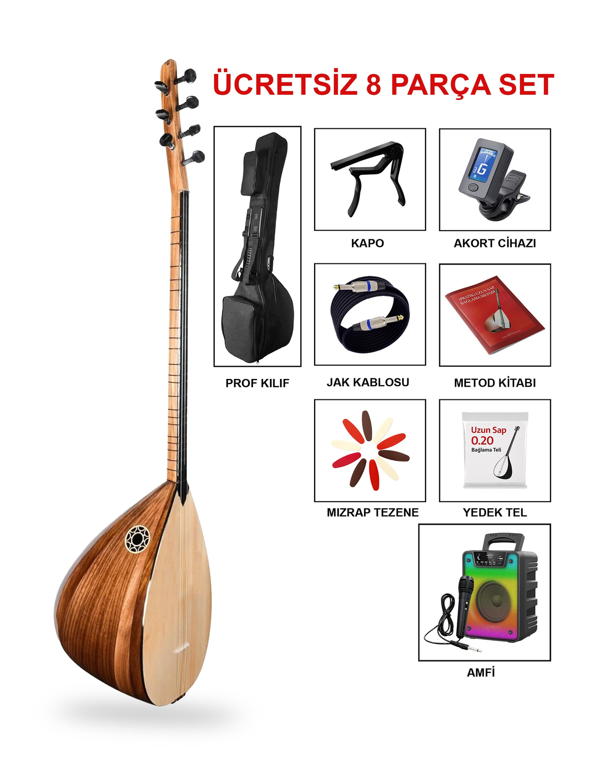 Jak Girişli Amfi Uzun Sap Maun Gövde Kaliteli Gürgen Sap Saz El Yapımı Setli Bağlama Seti