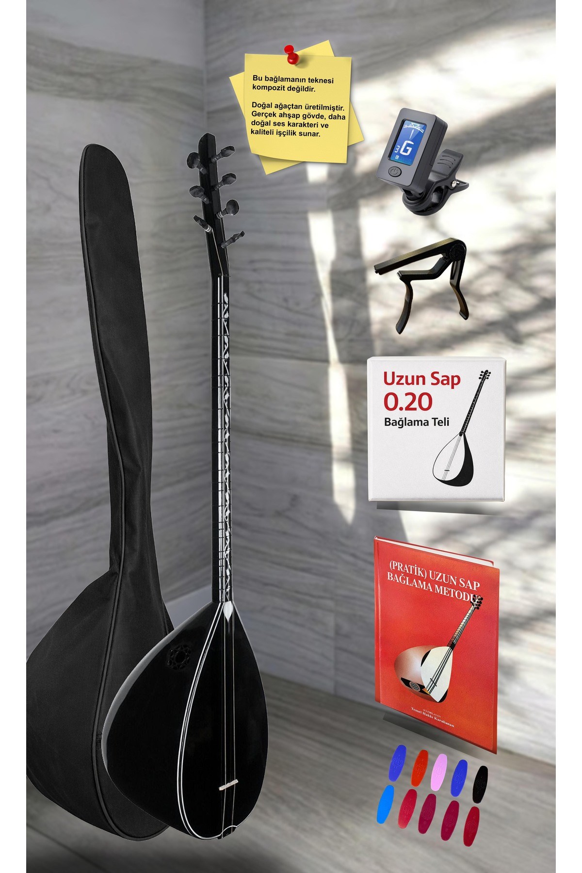 Jak Girişli Uzun Sap Siyah İnci Maun Gövde Kaliteli Gürgen Sap Saz El Yapımı Bağlama Seti