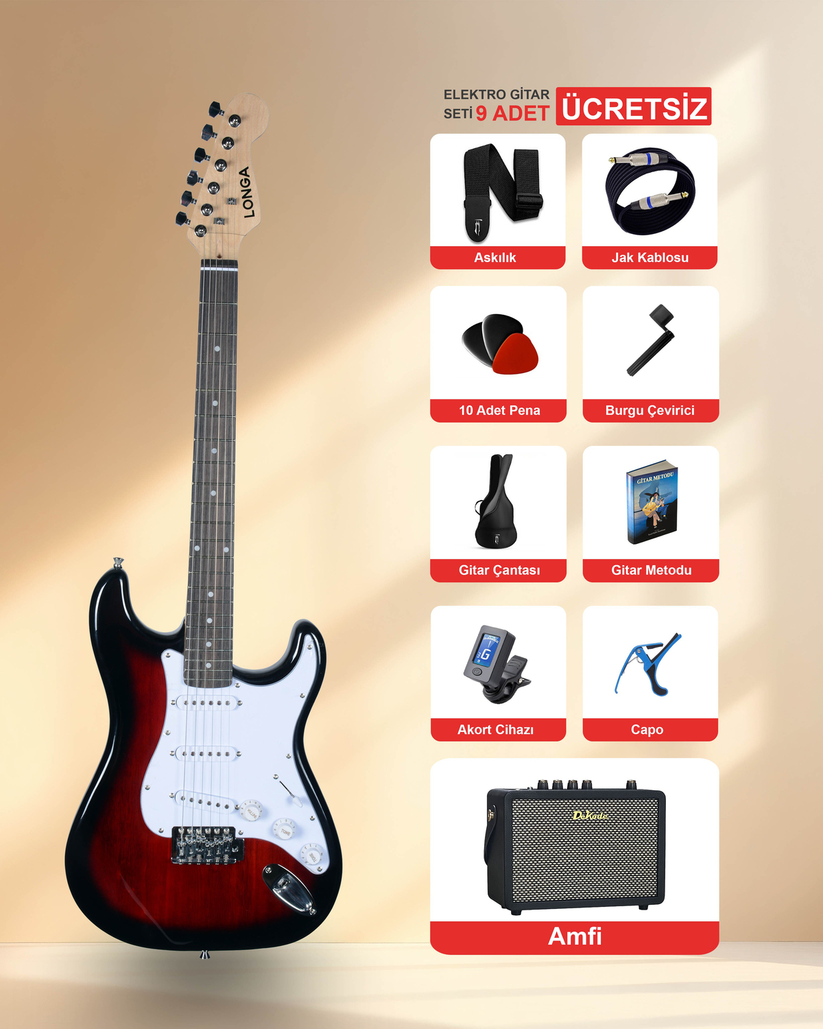 LONGA Gül Klavye Strat Kasa Elektro Gitar Seti 