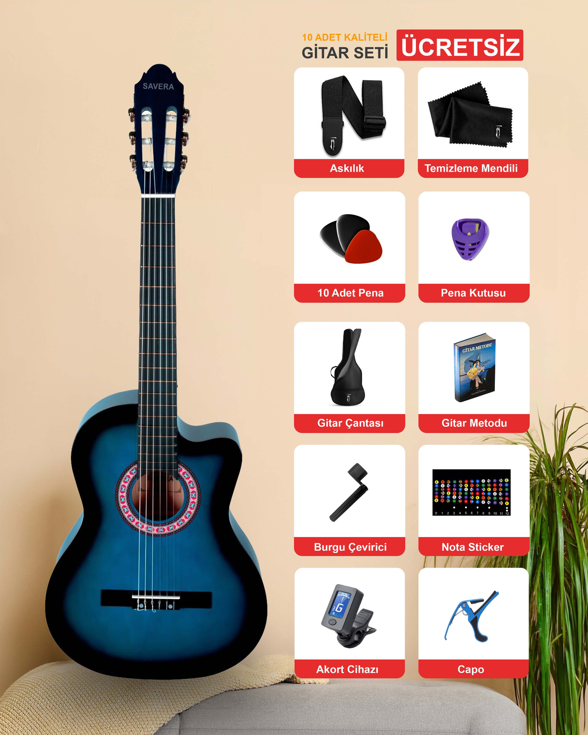 Mavi Klasik Gitar 4/4 Yetişkin Boy Sap Ayarlı Kesik Kasa Full Set (Çanta, Capo, Askı, Pena, Dijital Tuner)