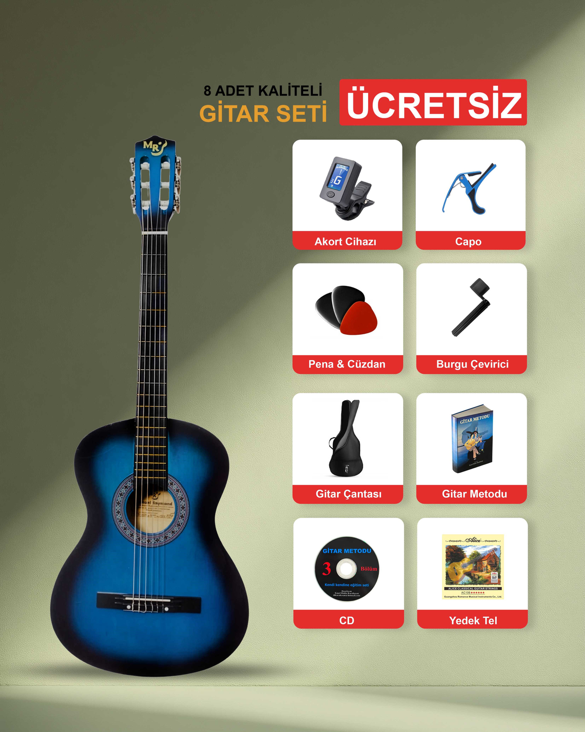 Mavi Renk Klasik Gitar 3/4 Junior Başlangıç Manuel Raymond