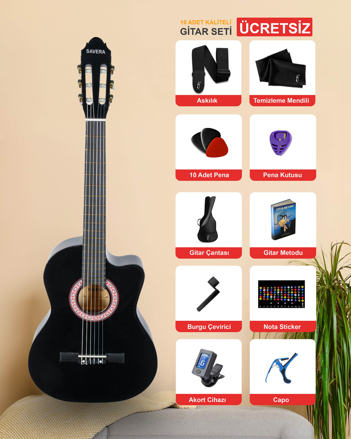 Siyah Klasik Gitar 4/4 Yetişkin Boy Sap Ayarlı Kesik Kasa Full Set
