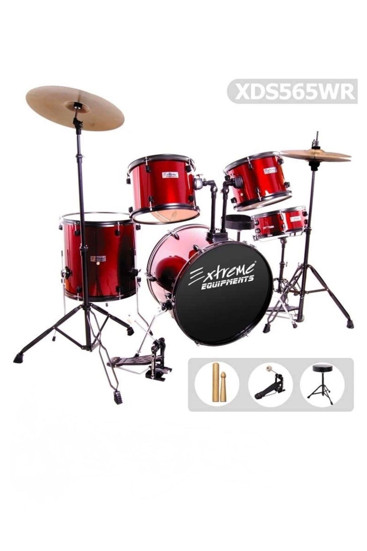 XDS565WR 5’li Akustik Bateri Davul Seti Kırmızı + Zil Paketi + Koltuk Hediyeli Full Set