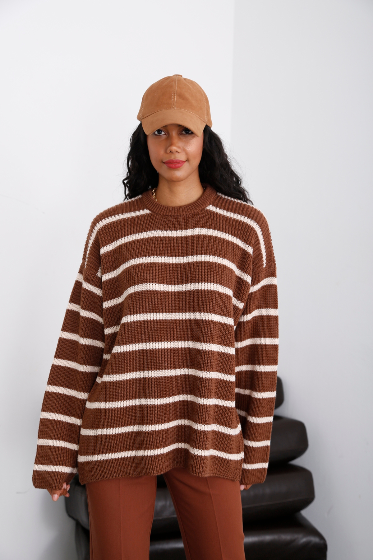 Acı Kahve Çizgili Oversize Kazak 13398