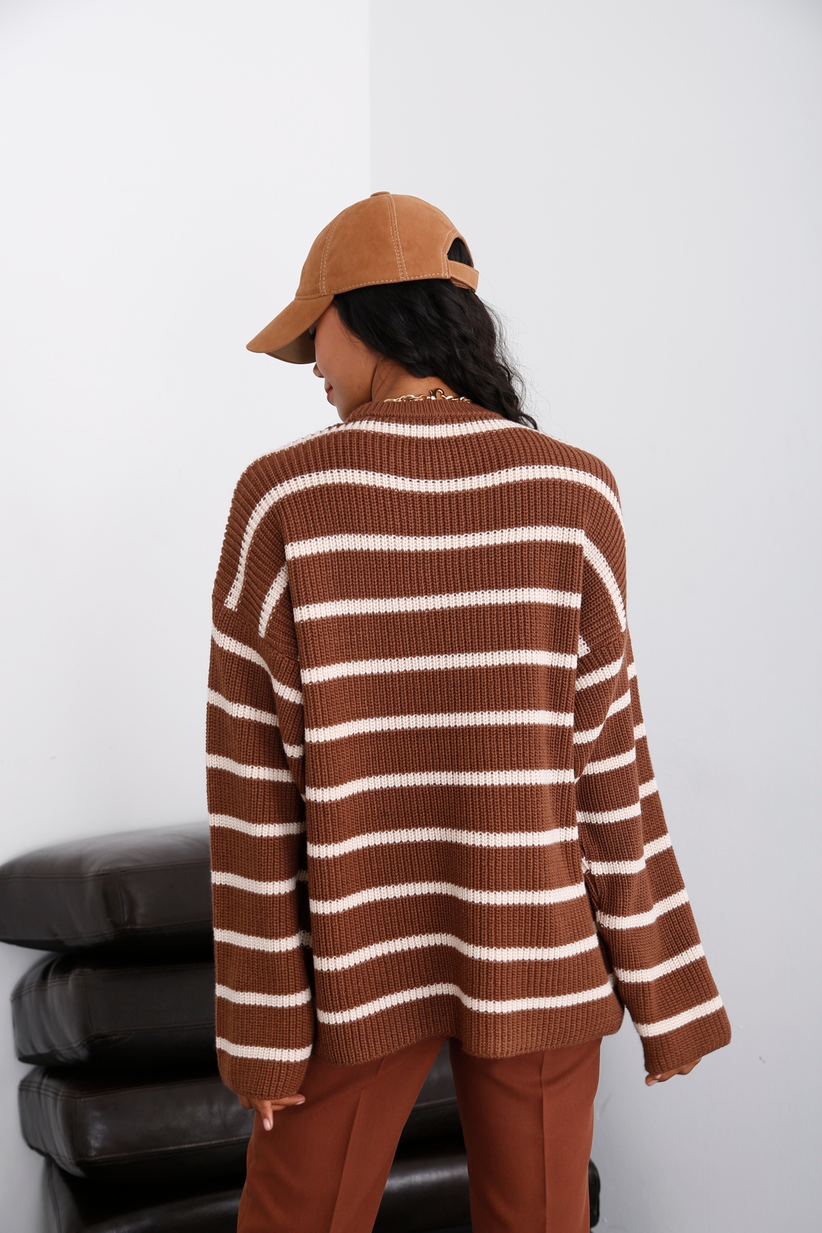 Acı Kahve Çizgili Oversize Kazak 13398