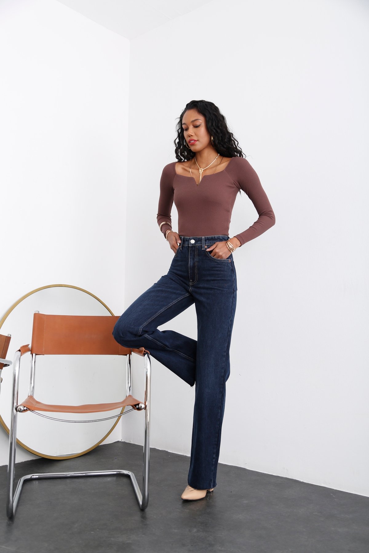 Acı Kahve Damla Yaka Bluz 1536