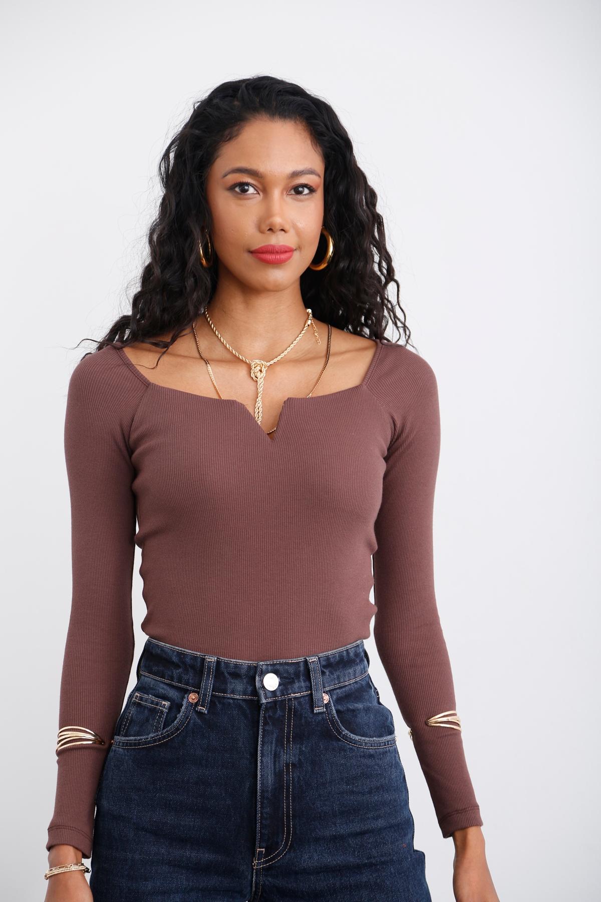 Acı Kahve Damla Yaka Bluz 1536
