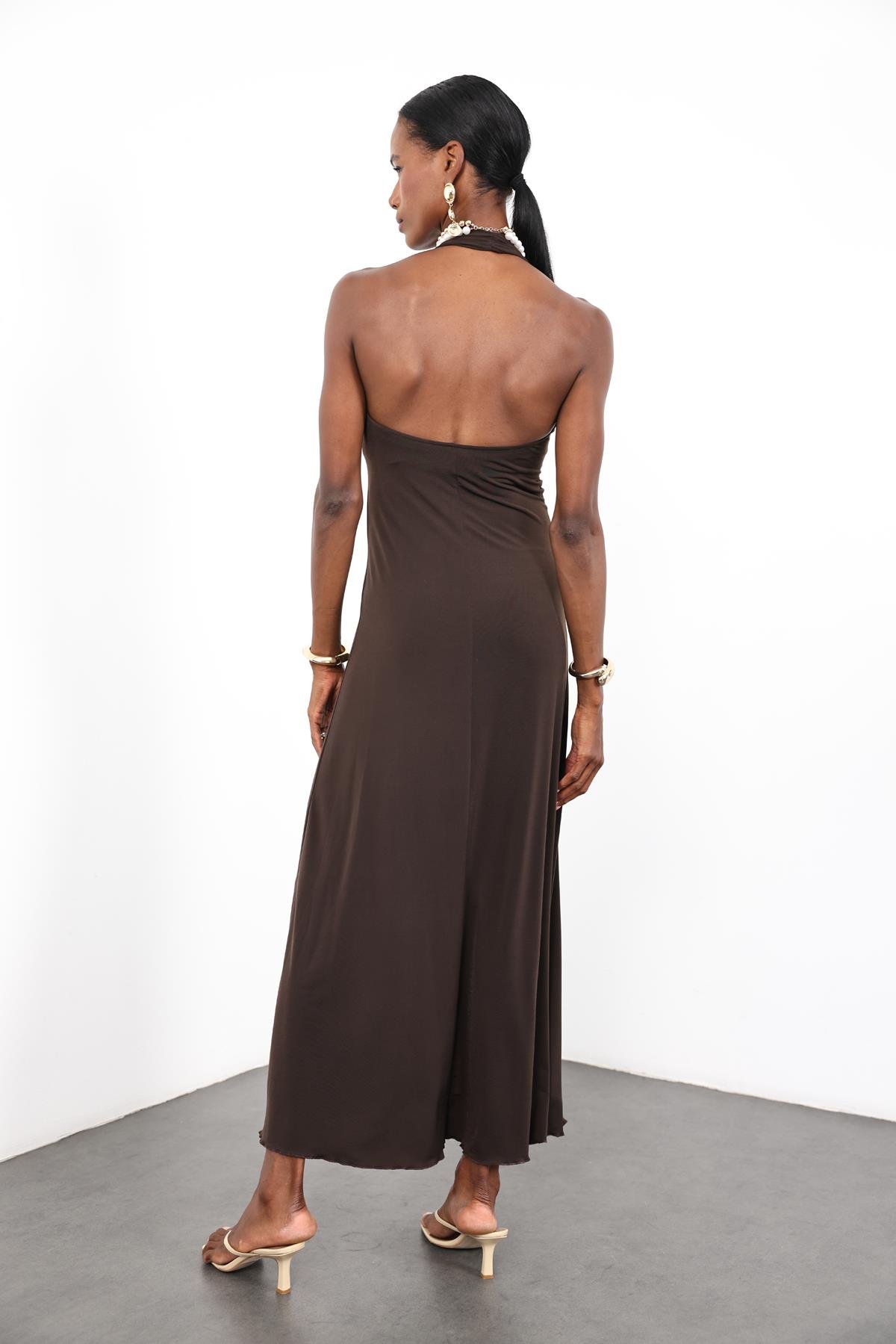 Acı Kahve Halter Yaka Bodycon Elbise 