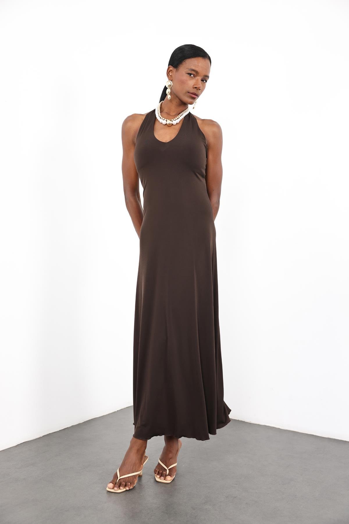 Acı Kahve Halter Yaka Bodycon Elbise 