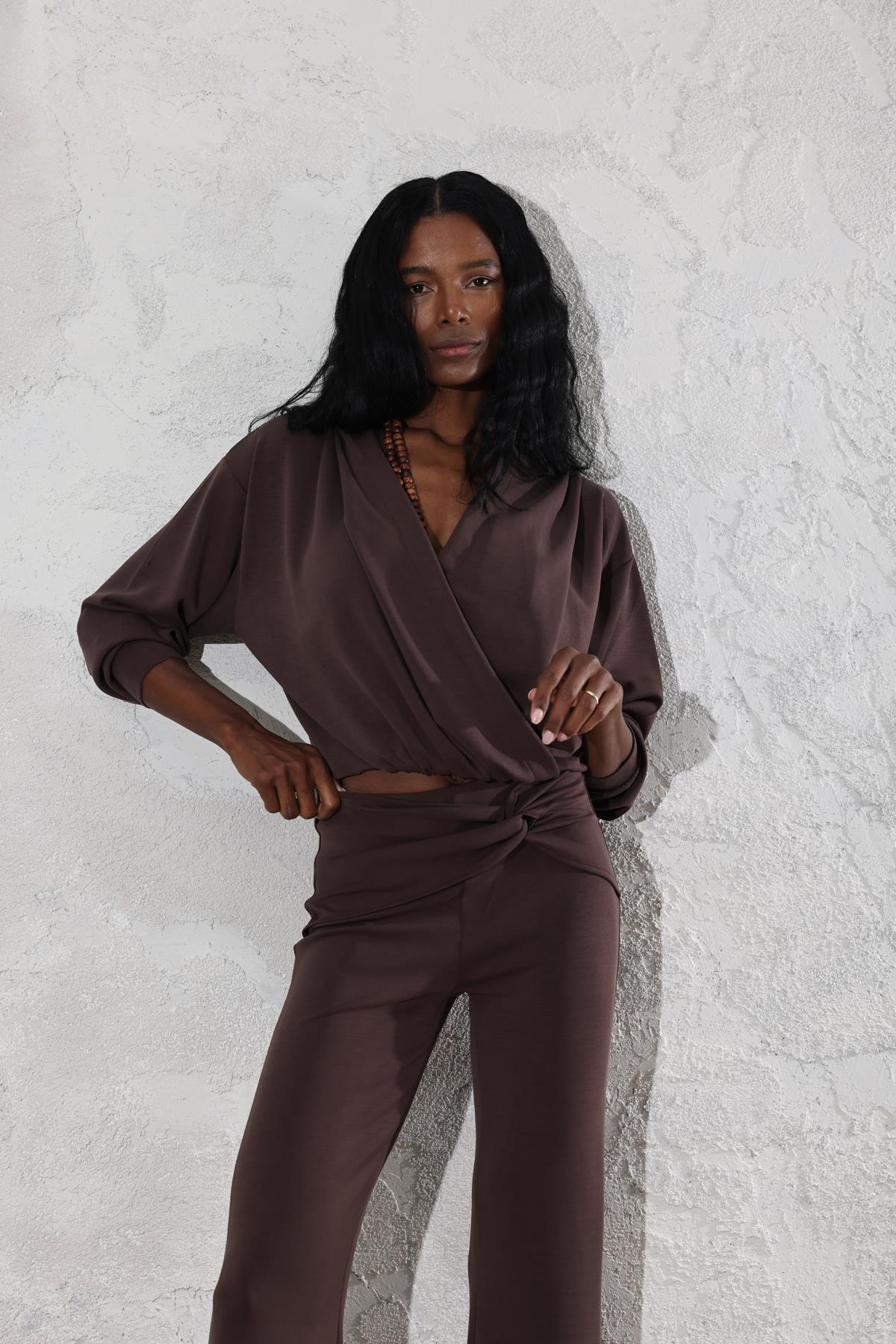 Acı Kahve Kapüşonlu Modal Kruvaze Sweatshirt 3148