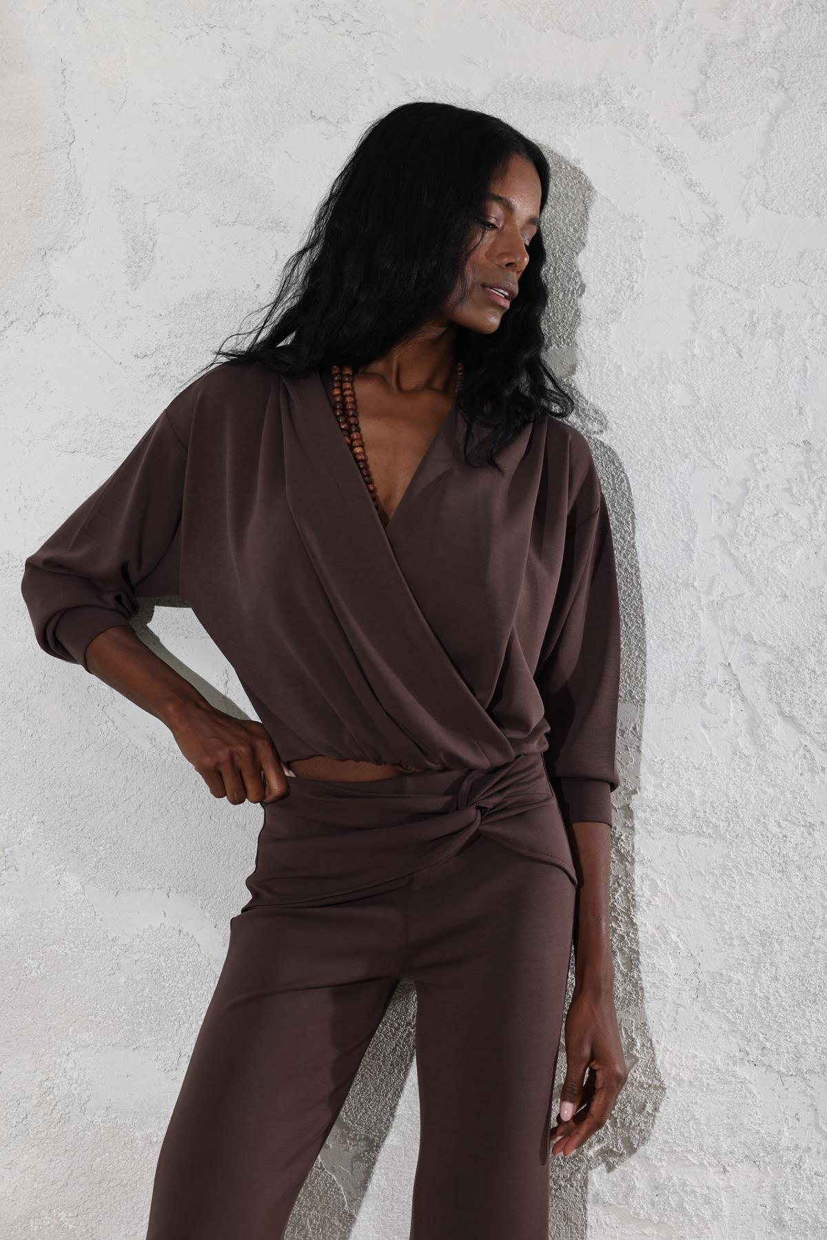 Acı Kahve Kapüşonlu Modal Kruvaze Sweatshirt 3148