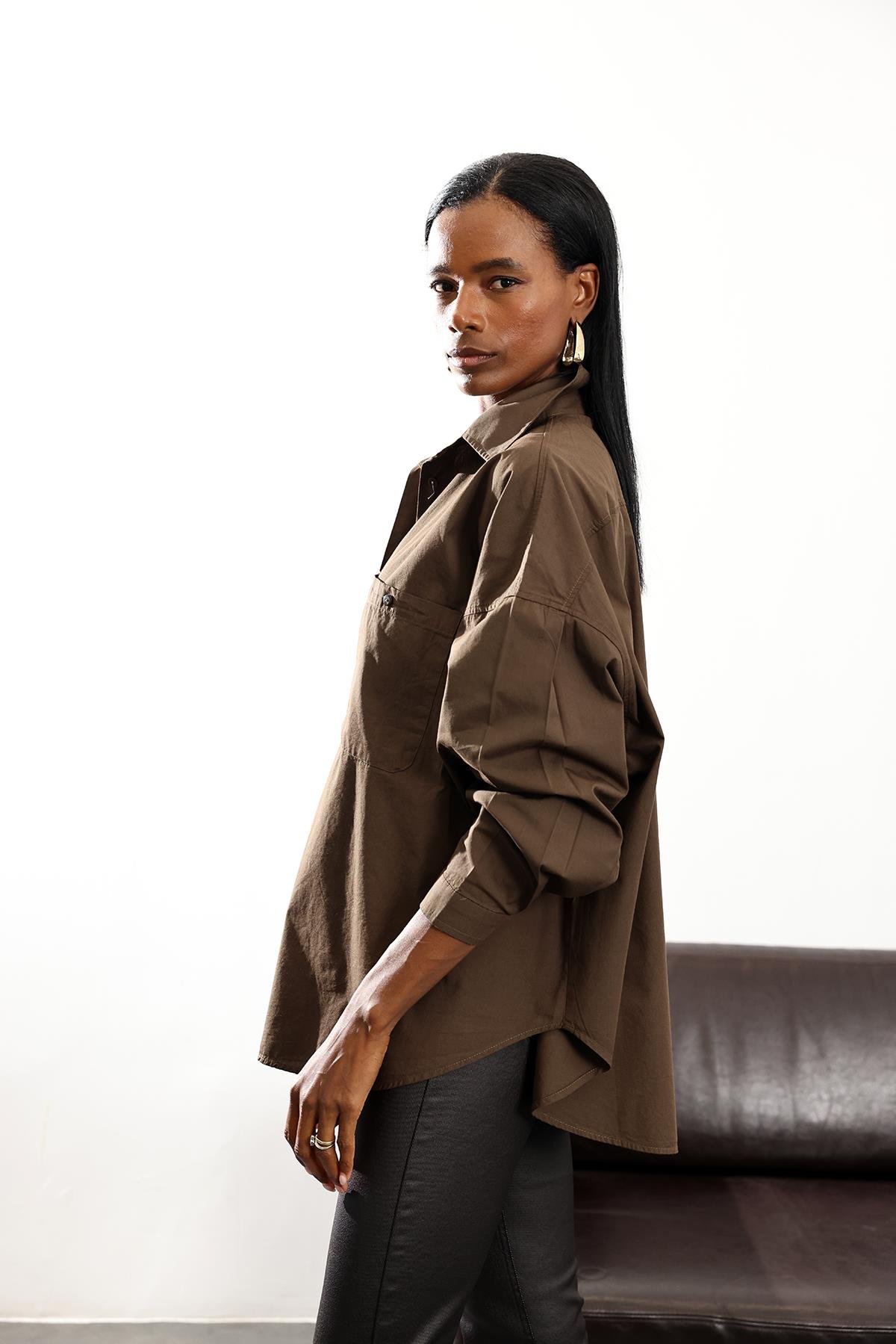Acı Kahve Oversize Poplin Gömlek 4008