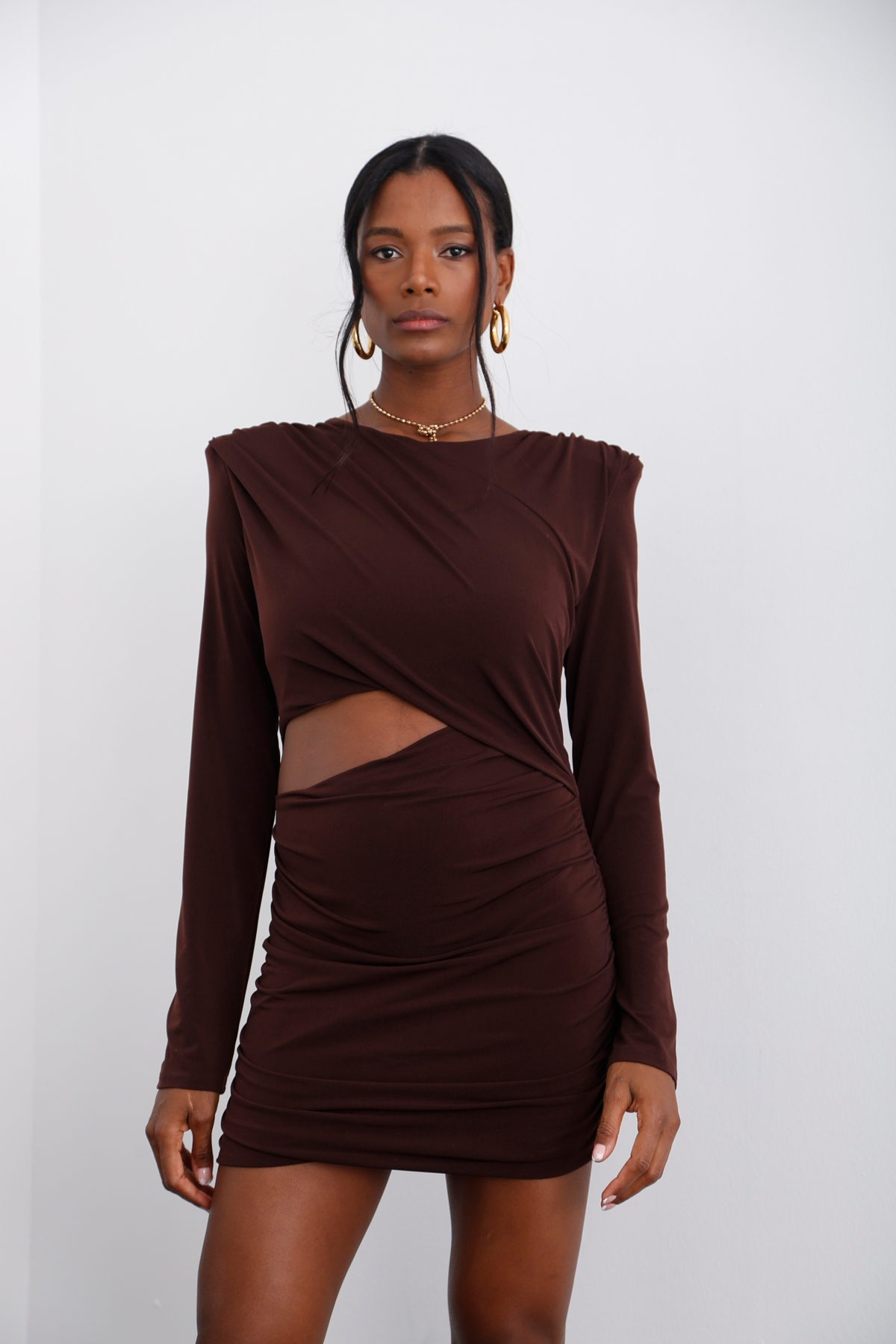 Acı Kahve Vatkalı Mini Elbise 6628