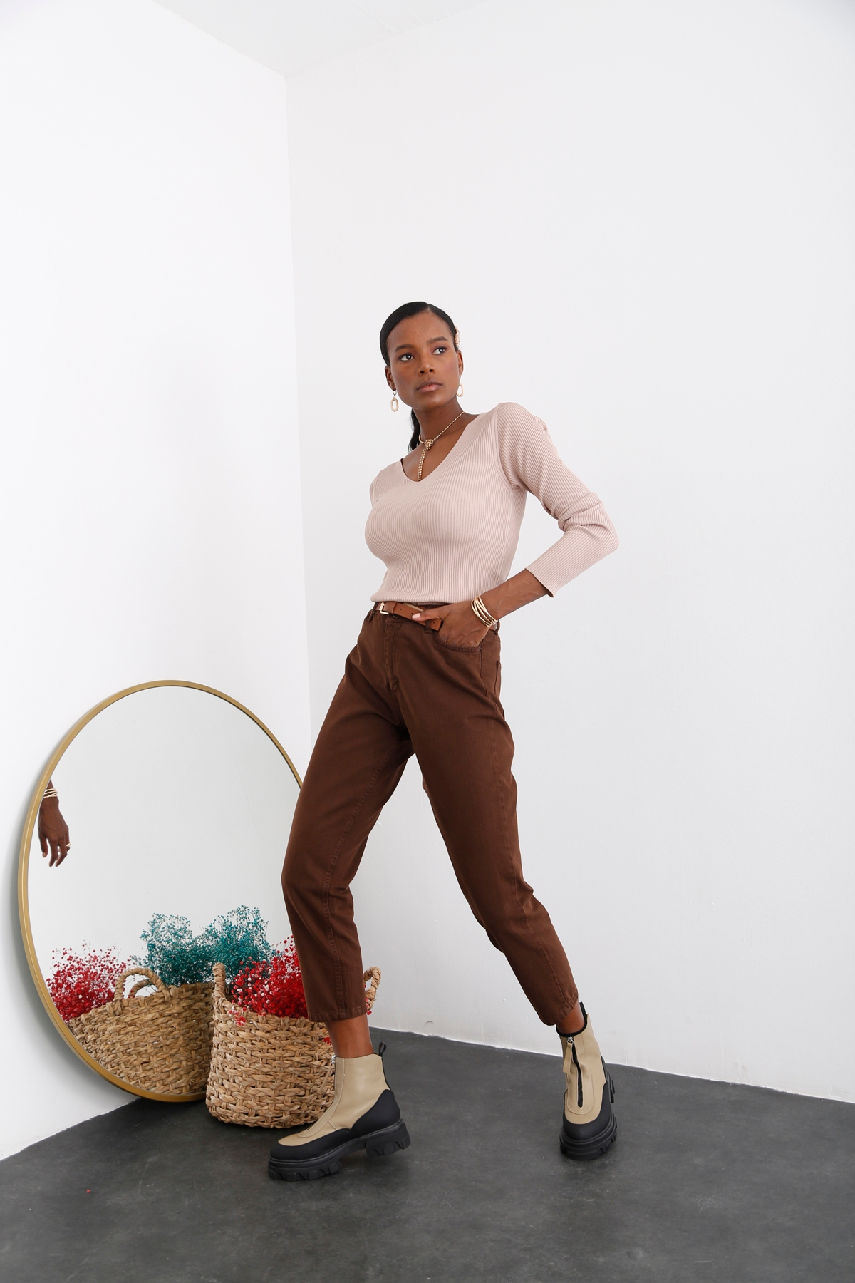 Acı Kahve Yüksek Bel Mom Fit Jean-1 