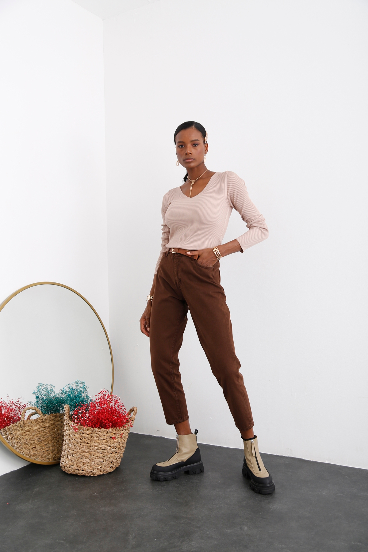 Acı Kahve Yüksek Bel Mom Fit Jean-1 