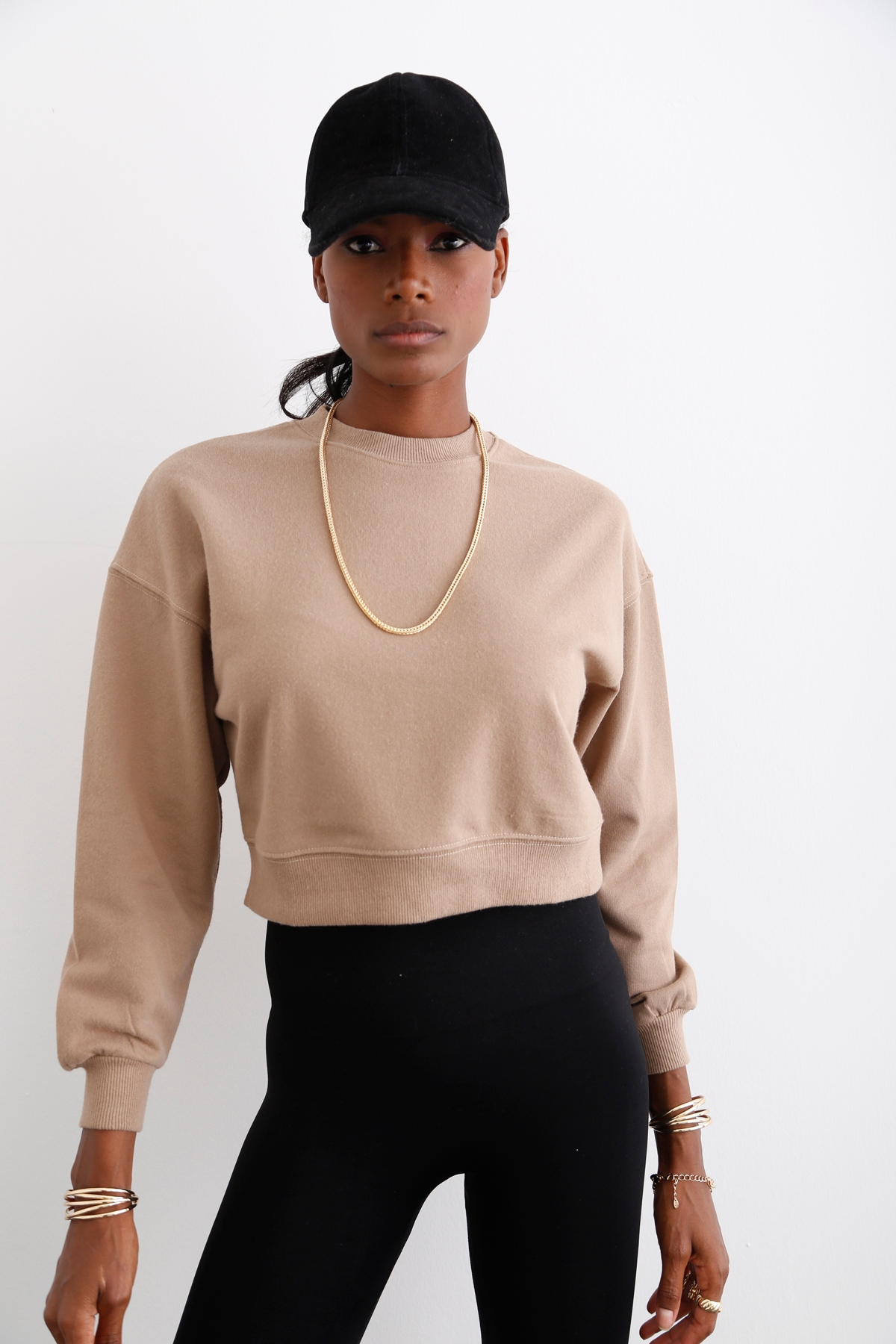 Açık Kahve Bisiklet Yaka Sweatshirt 