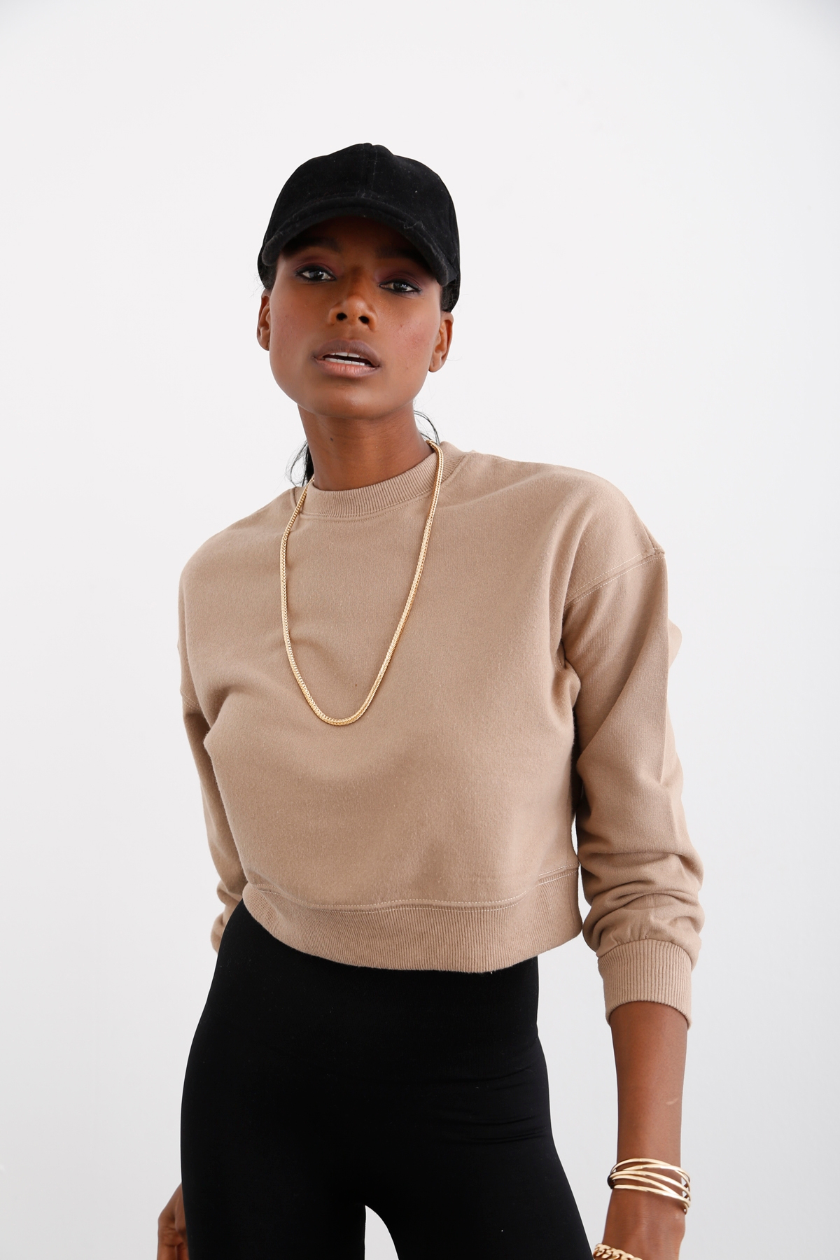 Açık Kahve Bisiklet Yaka Sweatshirt 