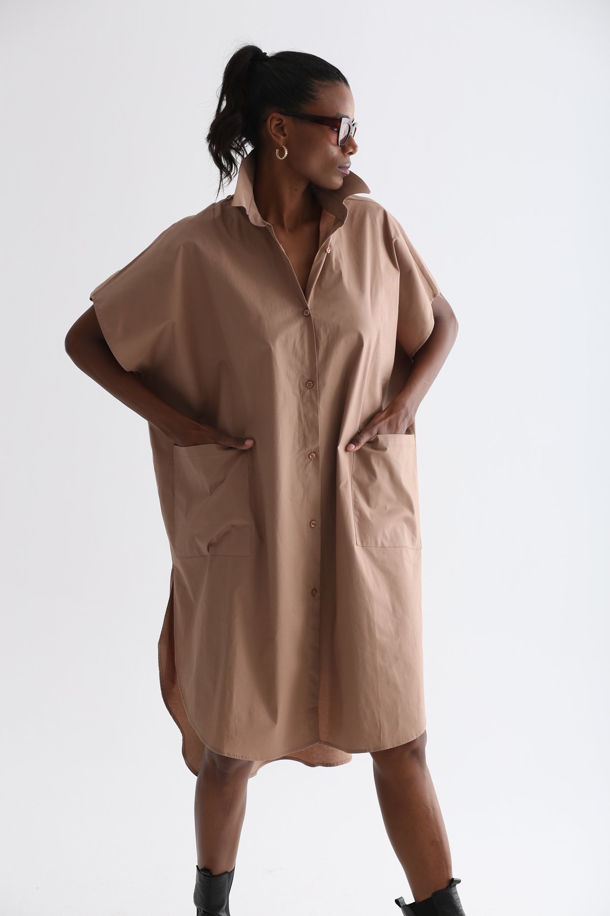 Açık Kahve Oversize Gömlek Elbise 2172