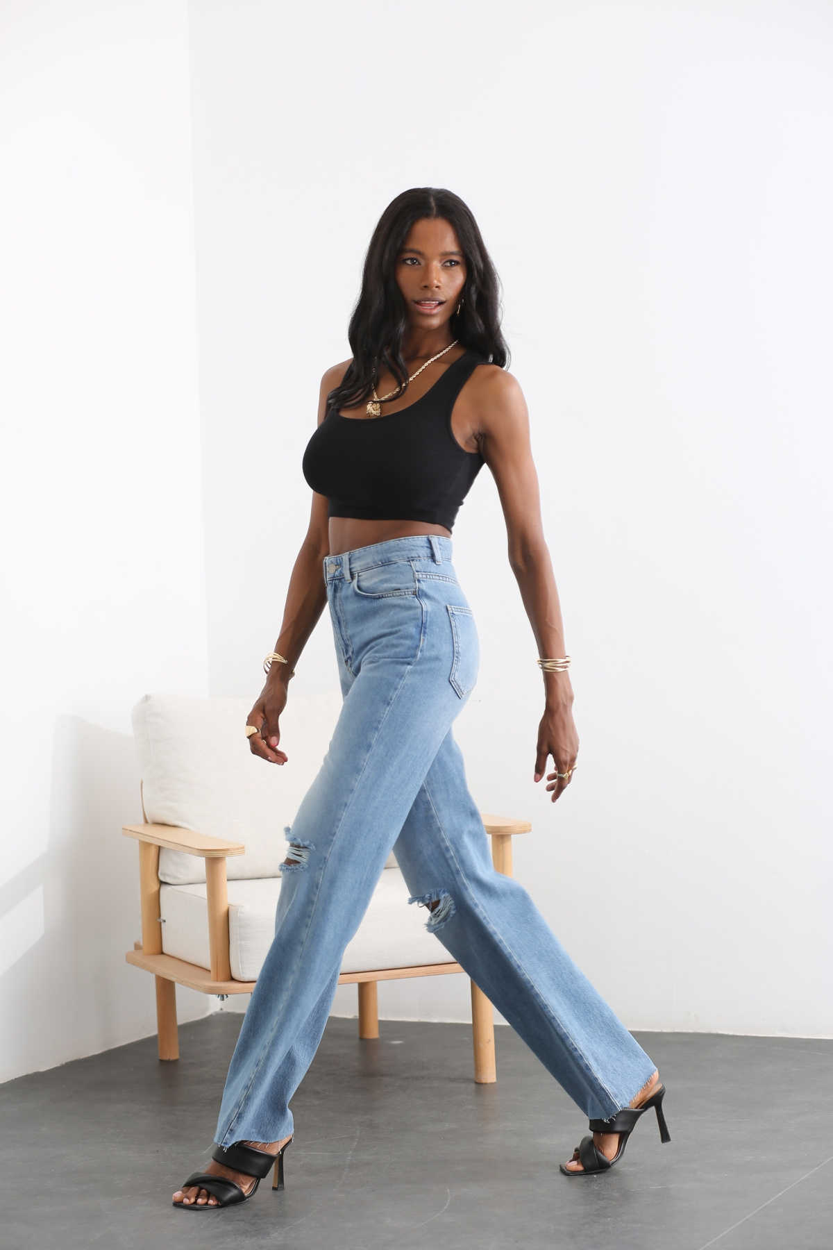 Açık Mavi Dizleri Yırtık Wide Leg Jean 