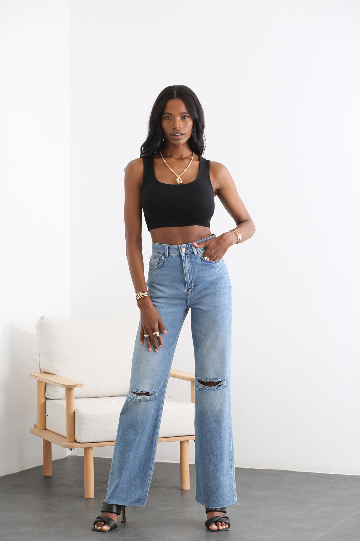 Açık Mavi Dizleri Yırtık Wide Leg Jean 