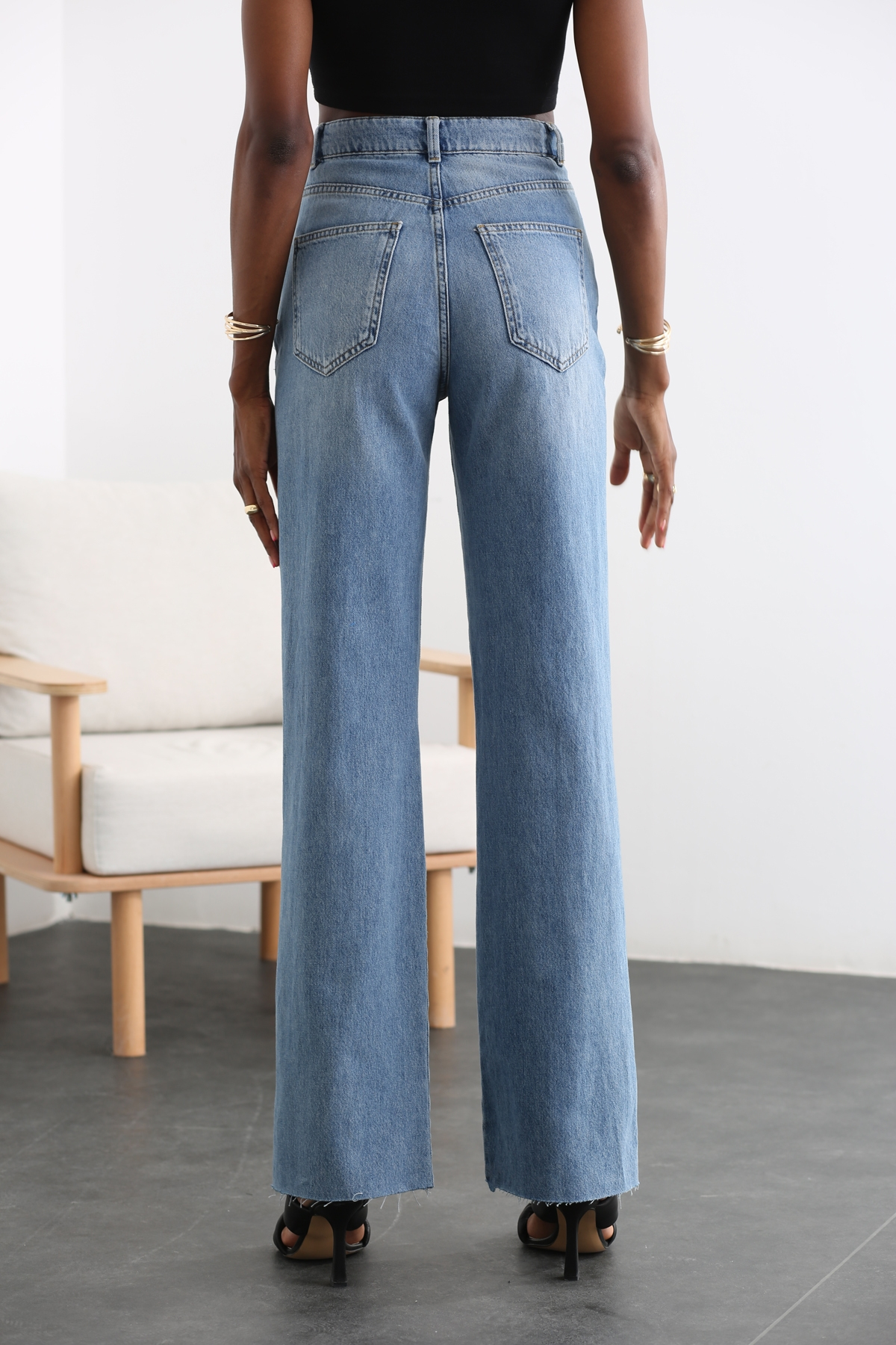 Açık Mavi Dizleri Yırtık Wide Leg Jean 