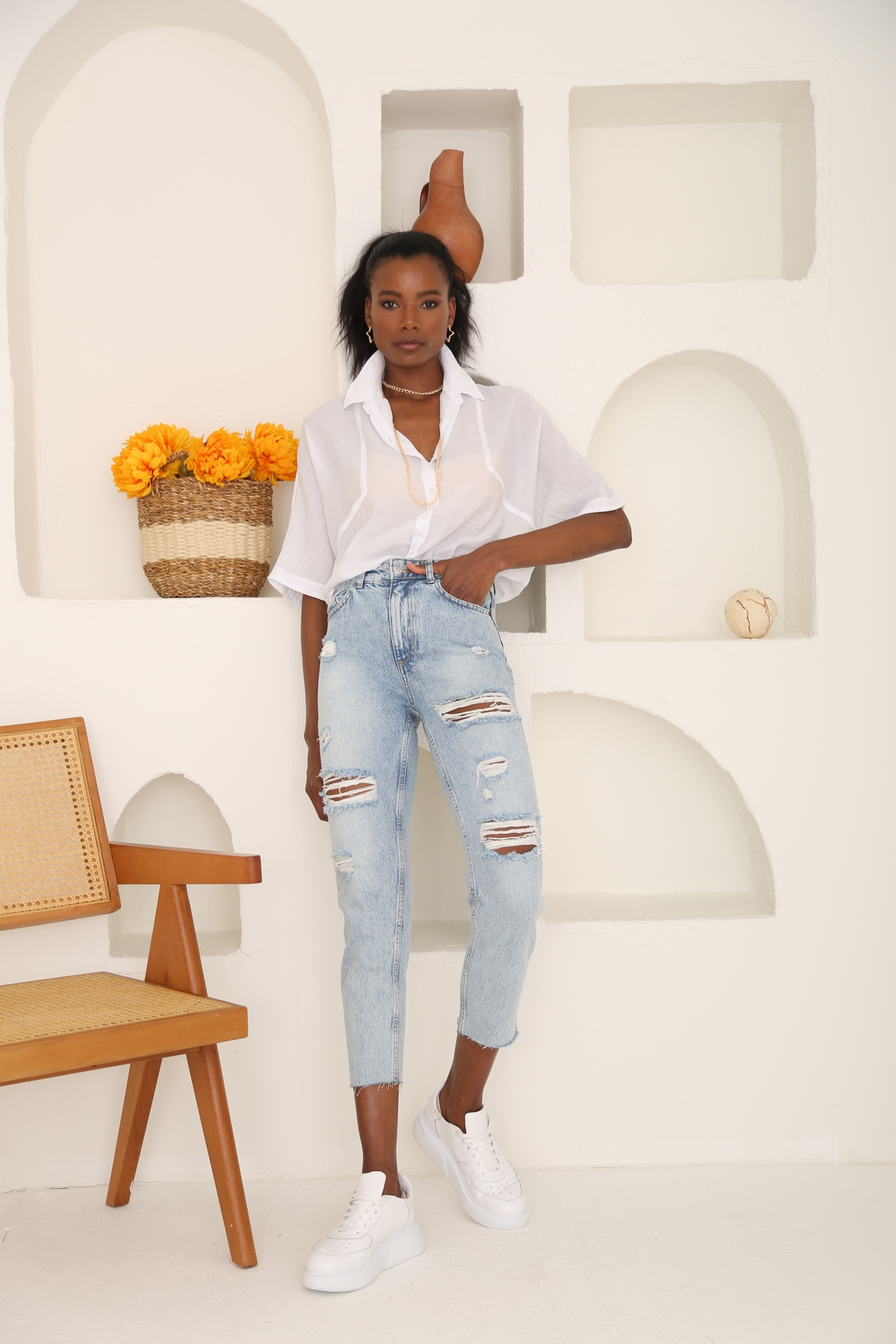 Açık Mavi Yüksek Bel Yırtıklı Mom Jean 21319
