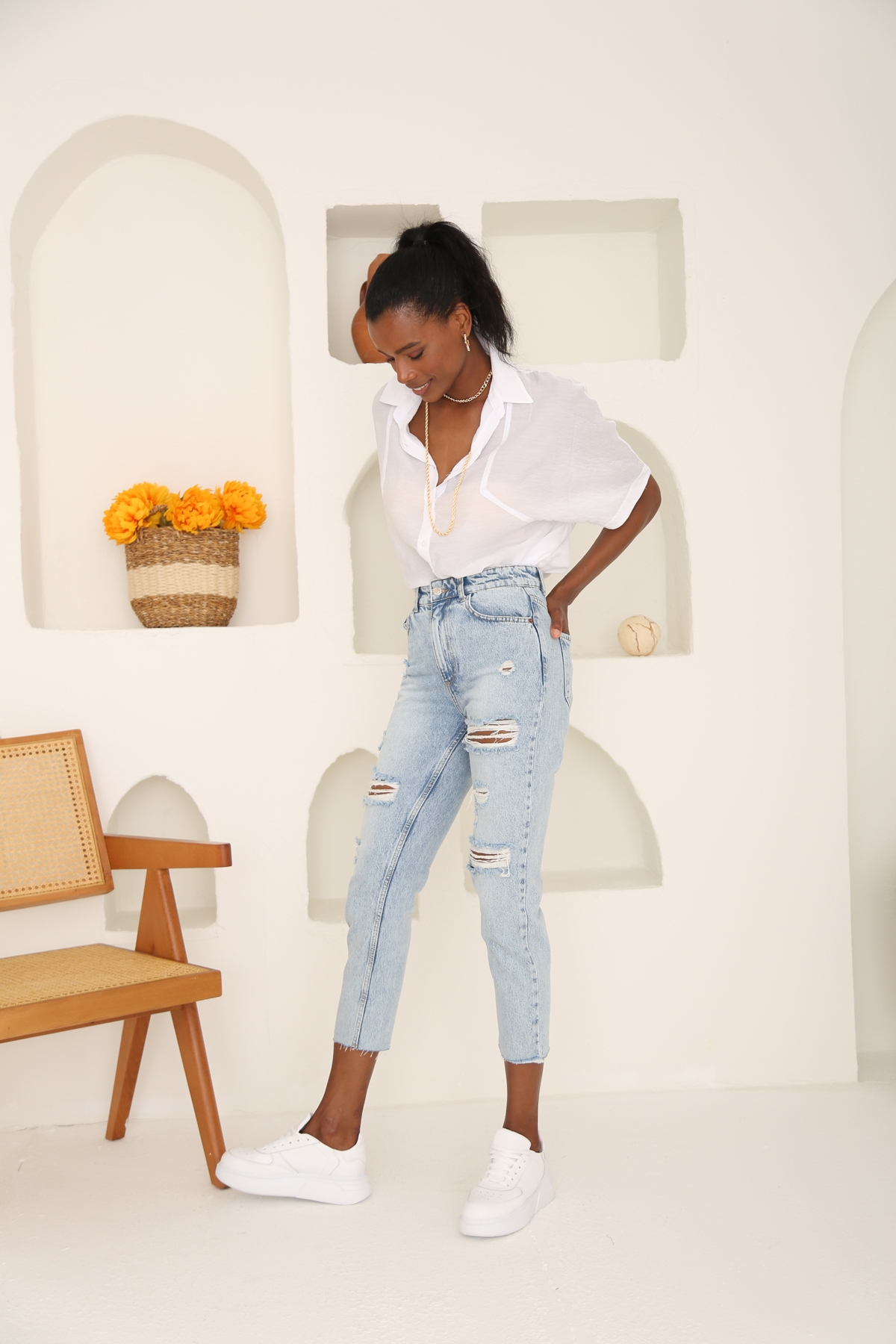 Açık Mavi Yüksek Bel Yırtıklı Mom Jean 21319