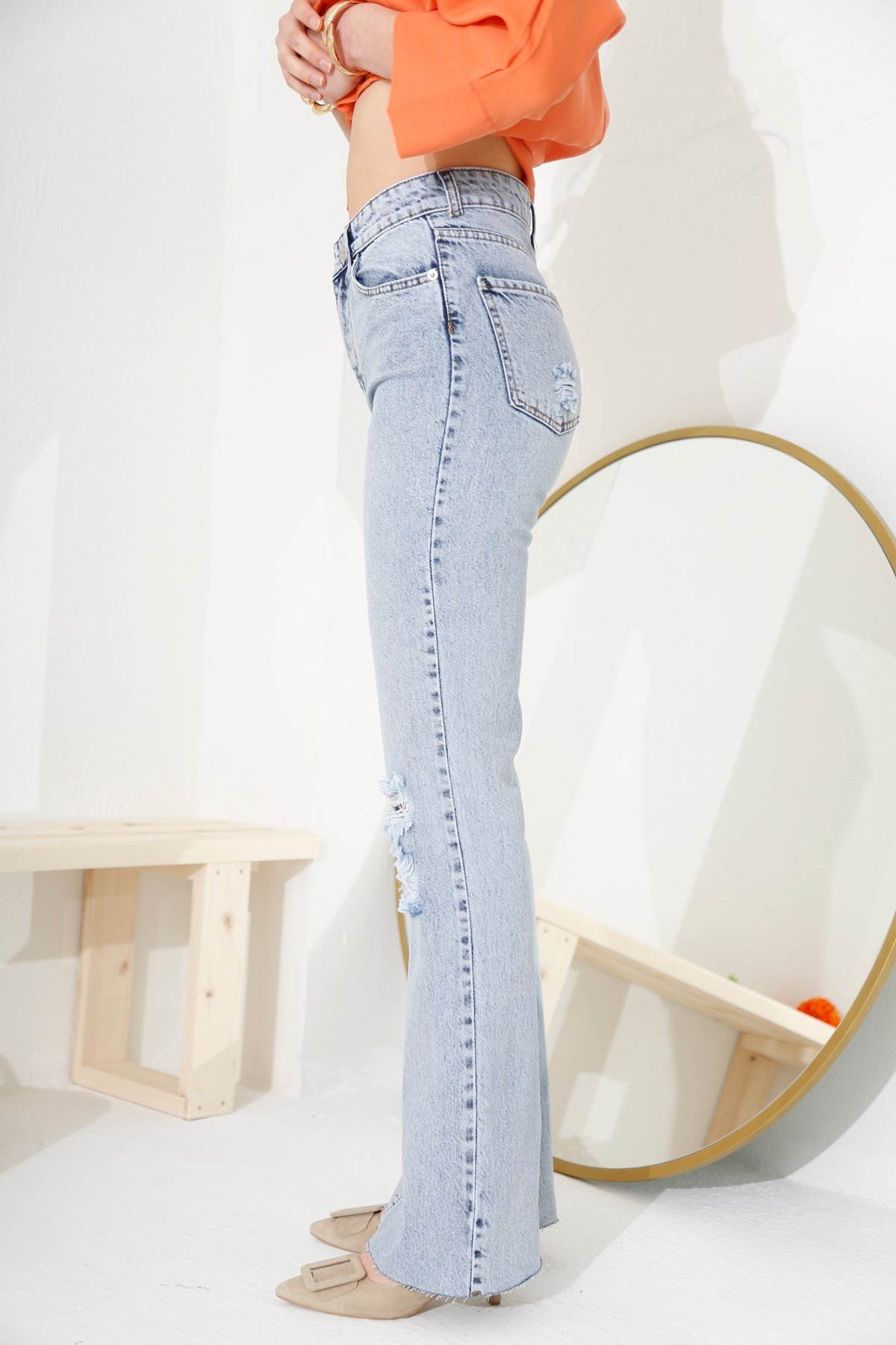 Açık Mavi Yüksek Bel Yırtıklı Slim Flare Jean 