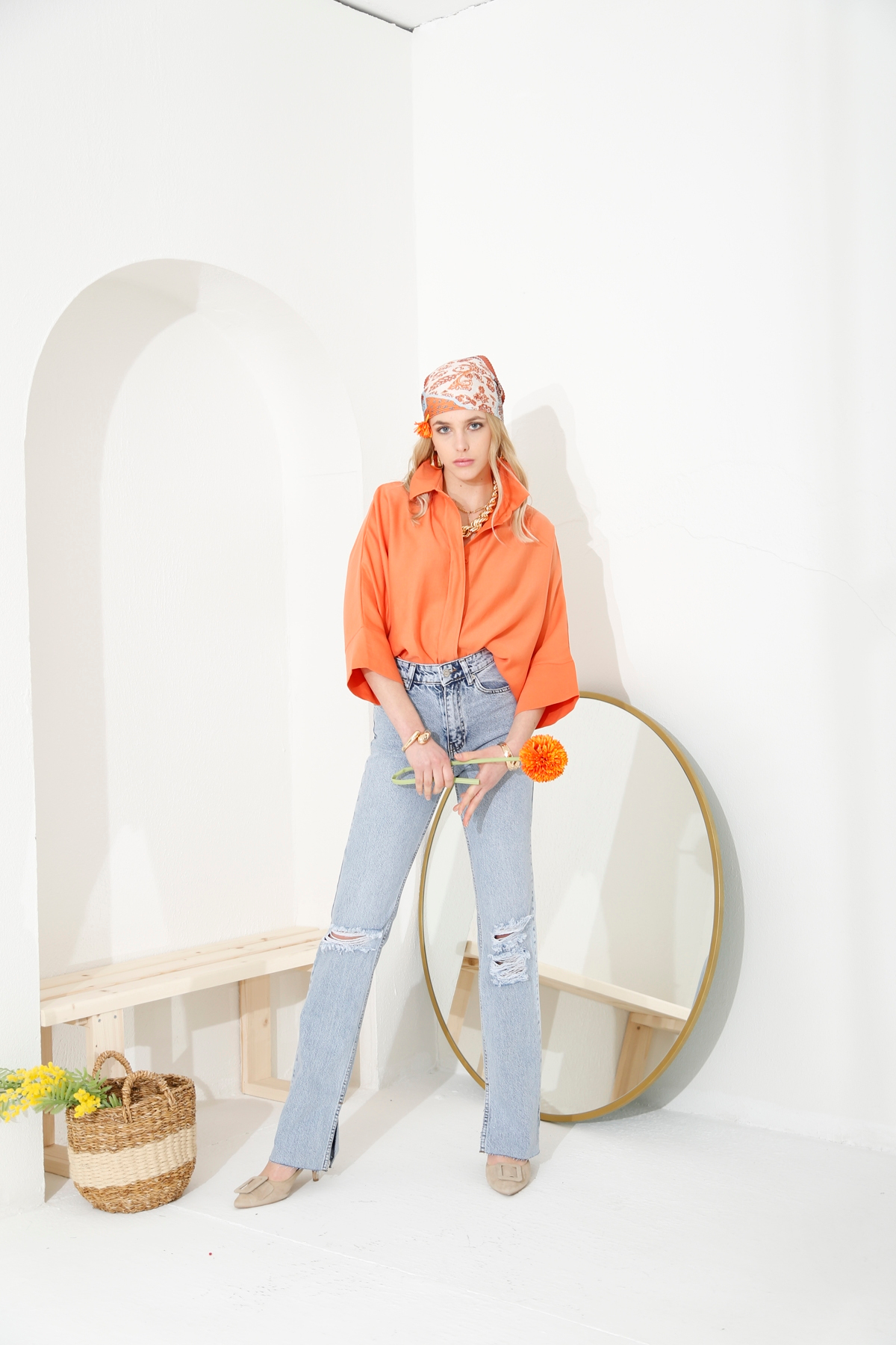 Açık Mavi Yüksek Bel Yırtıklı Slim Flare Jean 