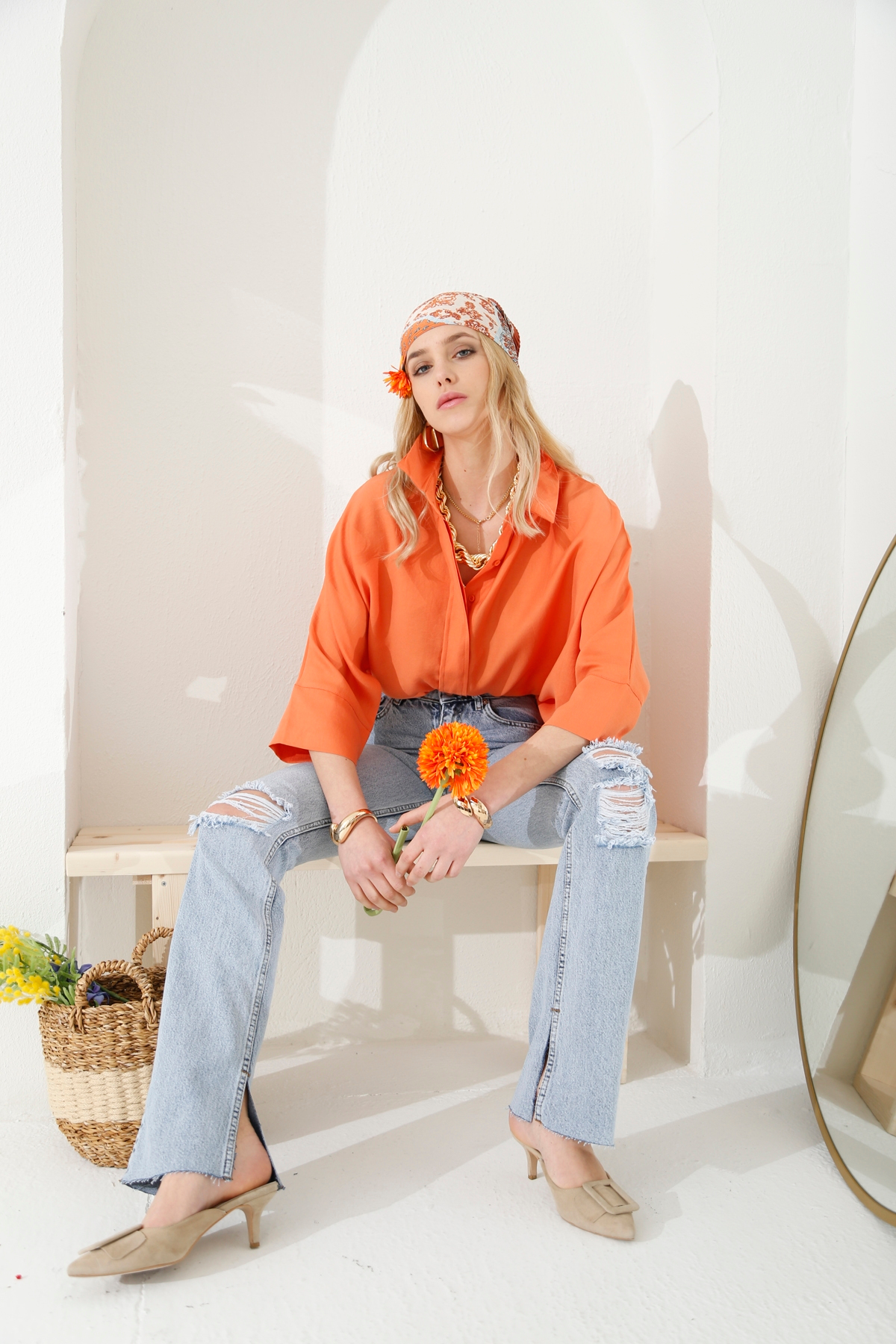 Açık Mavi Yüksek Bel Yırtıklı Slim Flare Jean 