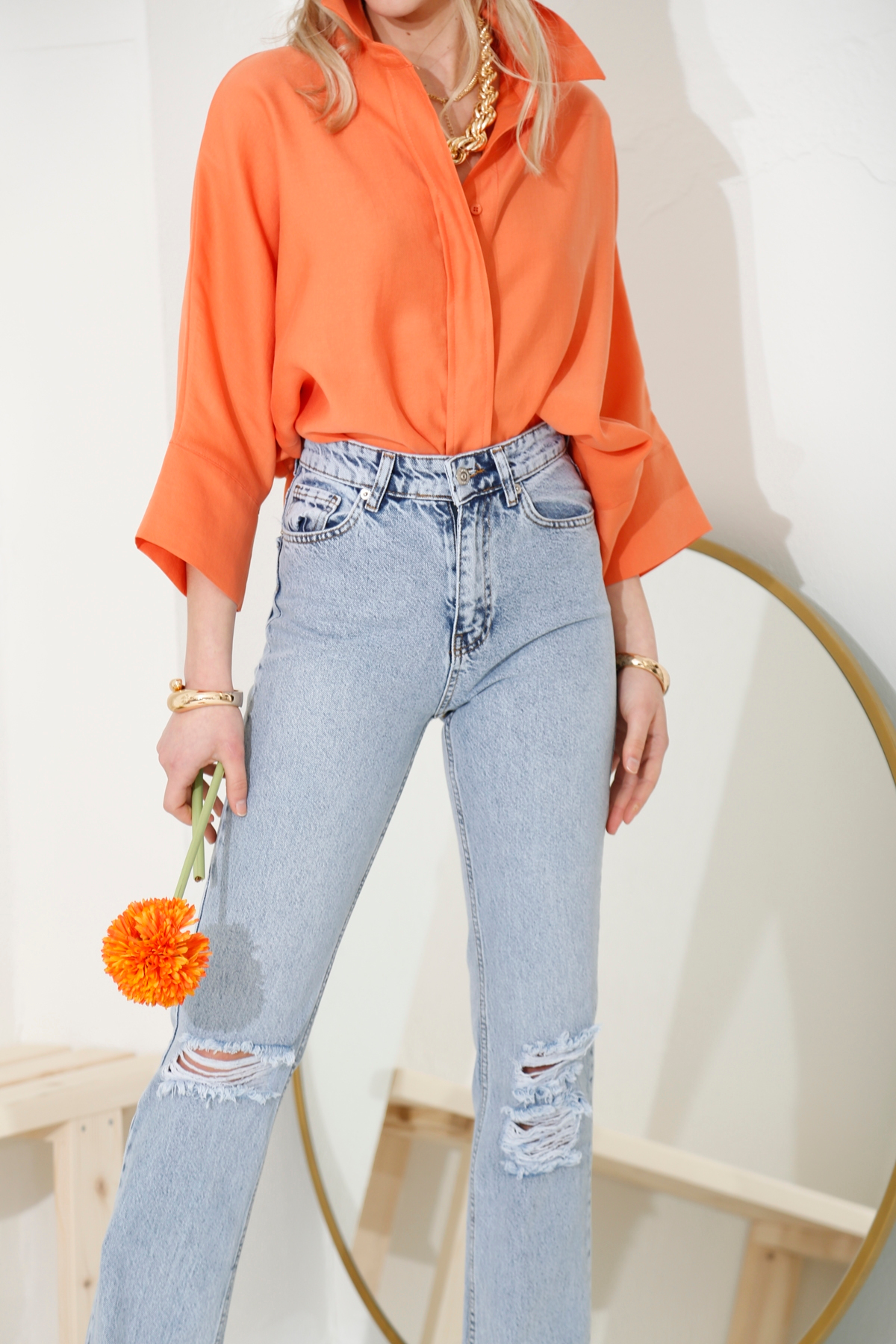 Açık Mavi Yüksek Bel Yırtıklı Slim Flare Jean 