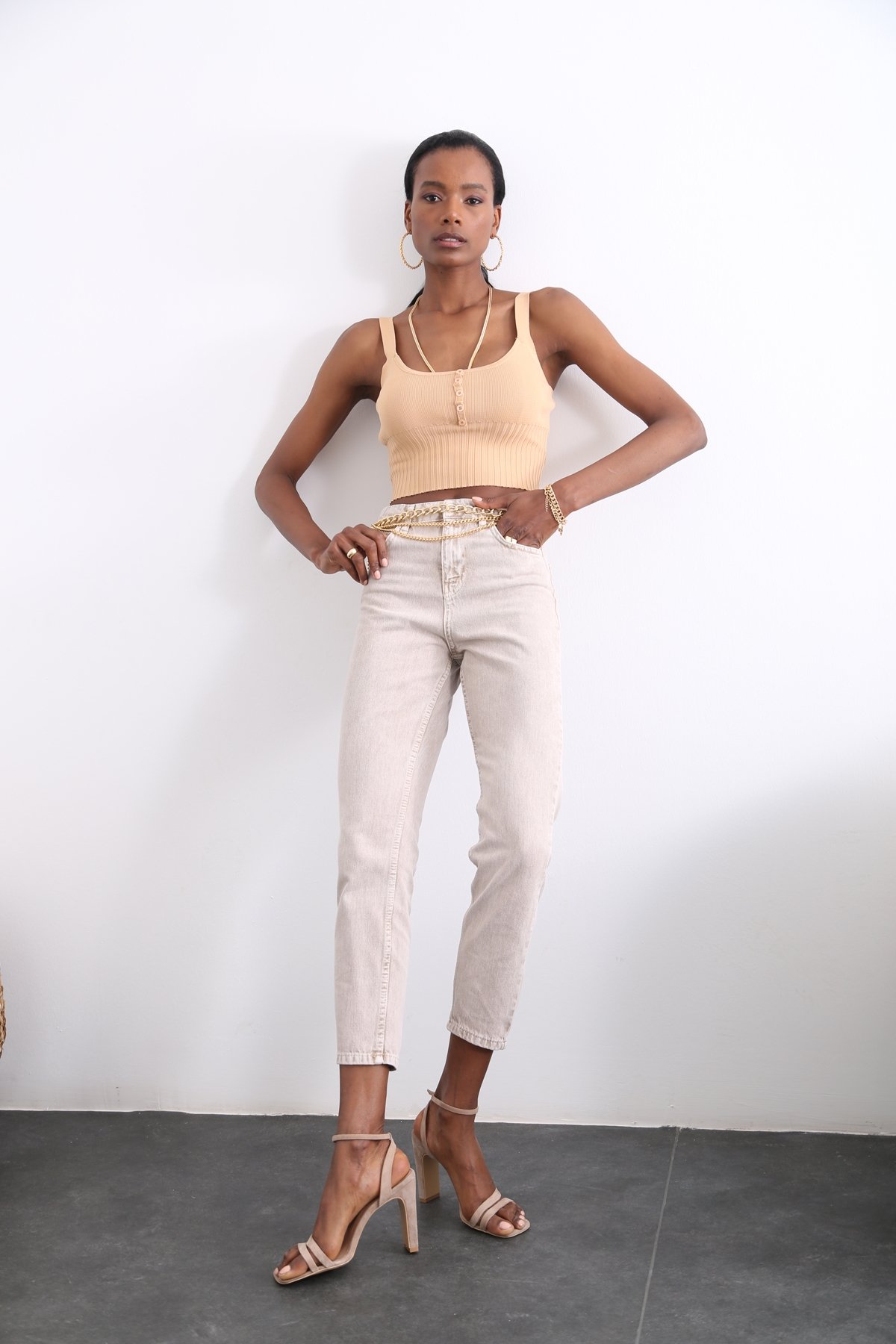 Açık Vizon Yüksek Bel Mom Jean 50281