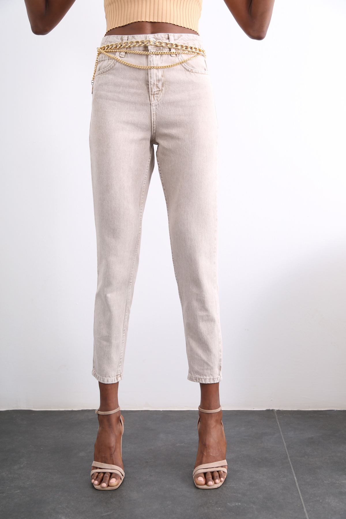Açık Vizon Yüksek Bel Mom Jean 50281
